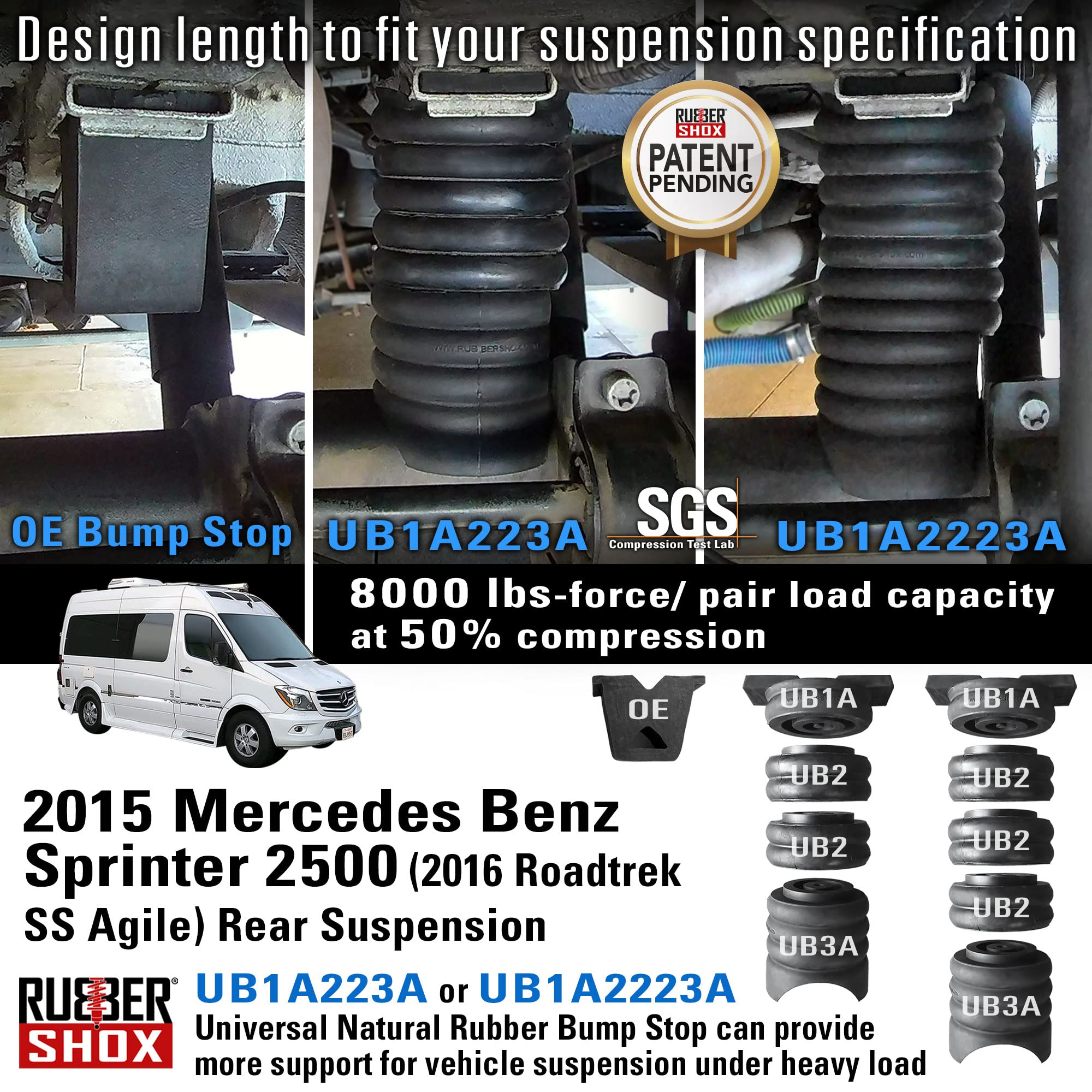 RubberShox Modular Natural Rubber Rear Bump Stop for Mercedes Benz Sprinter 2500/3500 | Heavy Duty Suspension Upgrade | 8000 lbs Load Capacity at 50% Compression (7