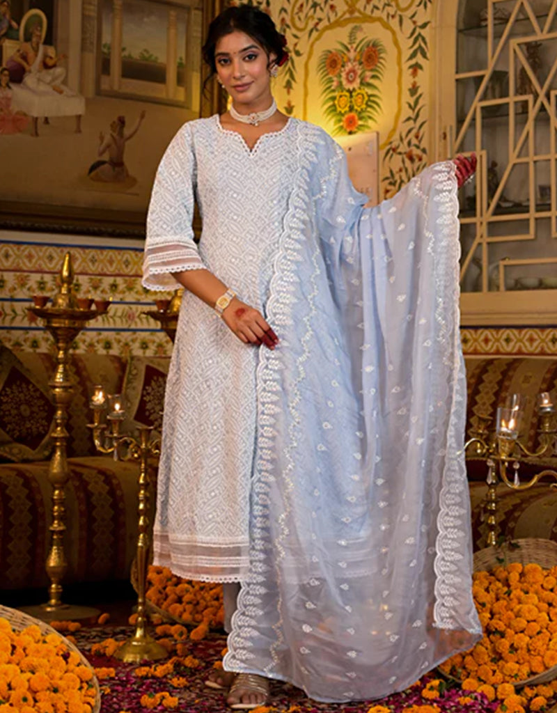 Anarkali Kurta Trouser with Dupatta Set - Sky Blue Pure Cotton Pant Suit for Women | Traditional Indian Ethnic Wear for Festivals, Weddings & Special Occasions