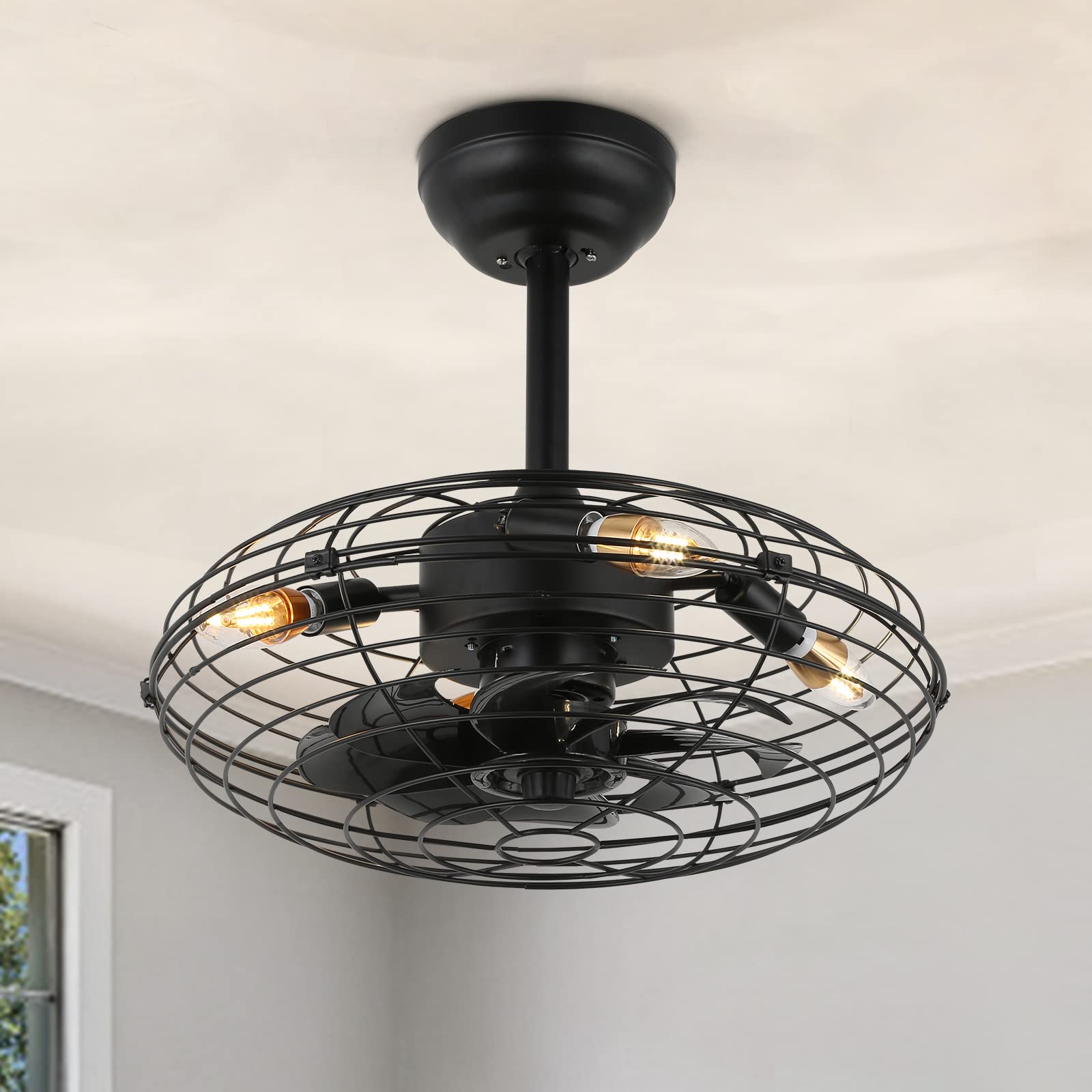 MOOONICHE 17.8 Inch Low Profile Caged Ceiling Fan with Remote Control & LED Lights - Modern Black Bladeless Design for Small Spaces - Perfect for Kitchen, Bedroom, Dining Room & Office - Energy Efficient Indoor Cooling & Lighting Solution