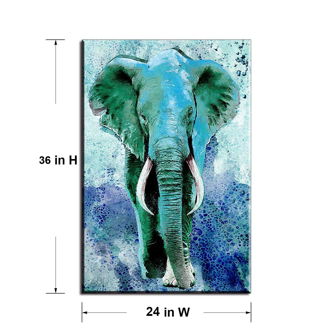 Waterproof Elephant Wall Art for Bedroom, Turquoise Paintings for Living Room, Original Teal Decor for Bathroom, Wood Framed 24x36 - Perfect for Home, Office, and Spa Decor