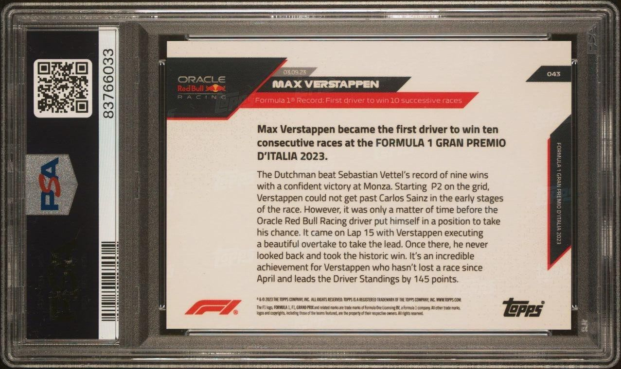 PSA 10/10 Max Verstappen #43 Red 2023 Topps Now F1 Racing Card - Perfect for F1 Collectors, Sports Memorabilia Enthusiasts & Race Day Display