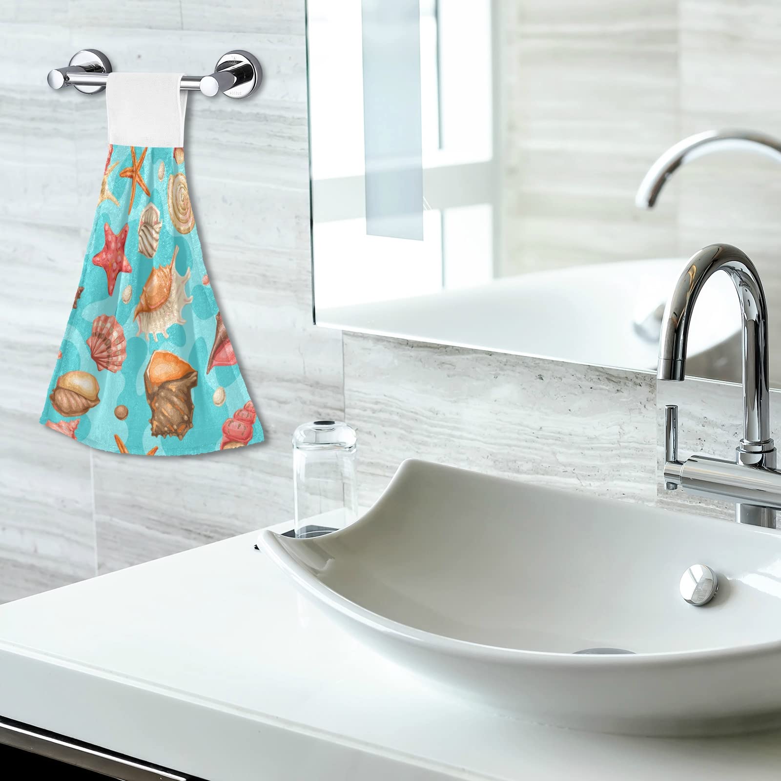 Boccsty Summer Seashell Starfish Hand Bath Towels 2 Pack - Absorbent Kitchen Towels, Hanging Washcloths & Face Towels for Home, Bathroom, Farmhouse Decor - Perfect for Beach House, Coastal Theme, and Vacation Rentals