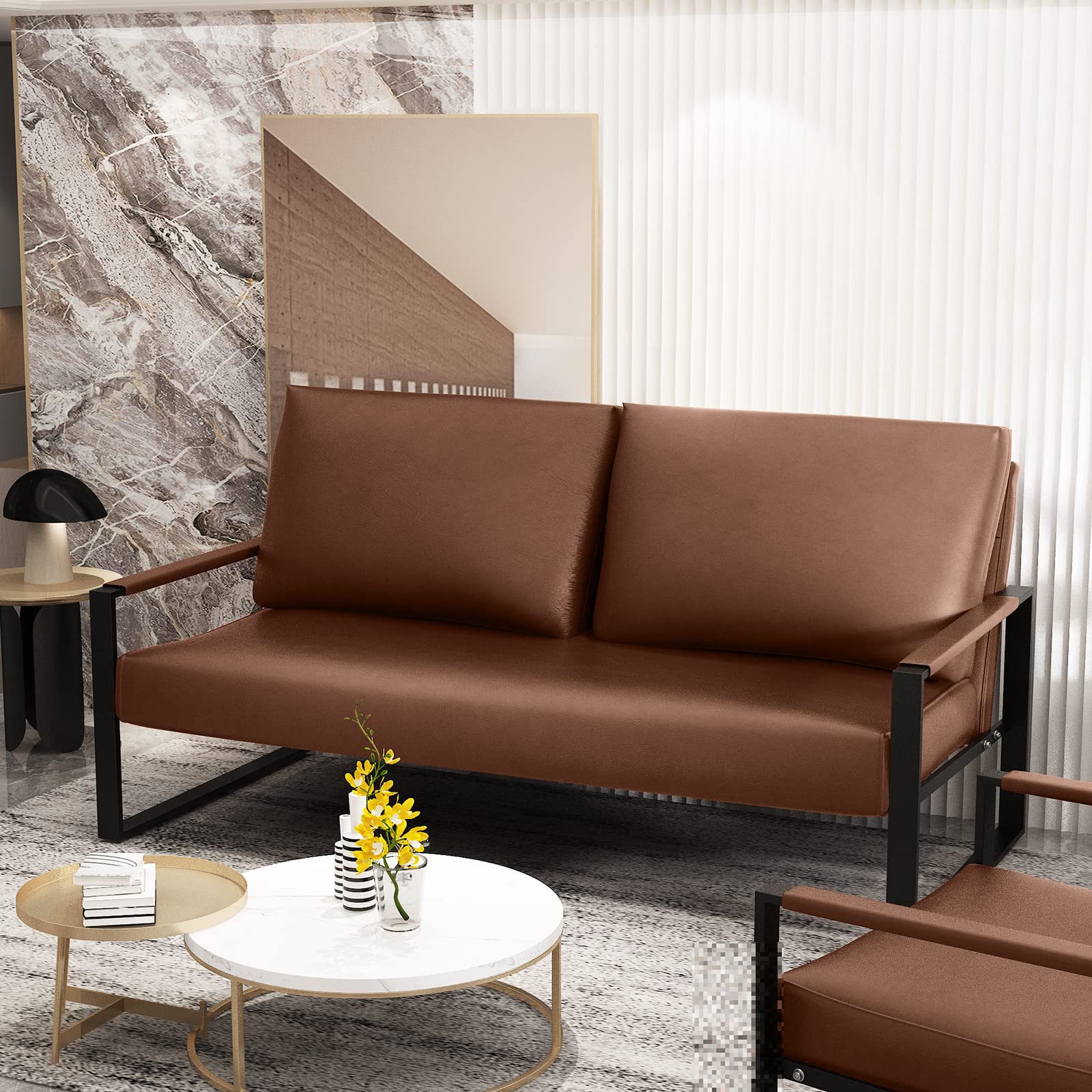 Mid-Century Faux Leather Loveseat Sofa - 2-Seat Small Couch for Bedroom, Office & Living Room | Brown PU Leather Upholstered Compact Sofa for Small Spaces | Perfect for Apartments, Dorms & Cozy Home Decor