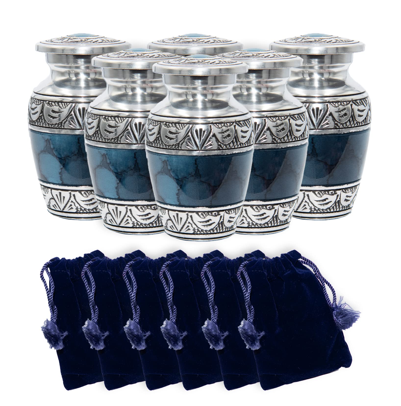 Elegant Blue and Silver Cremation Urns Set of 6 with Velvet Bags - Memorial Keepsake Urns for Ashes - Perfect for Funeral Services, Home Memorials & Pet Remembrance
