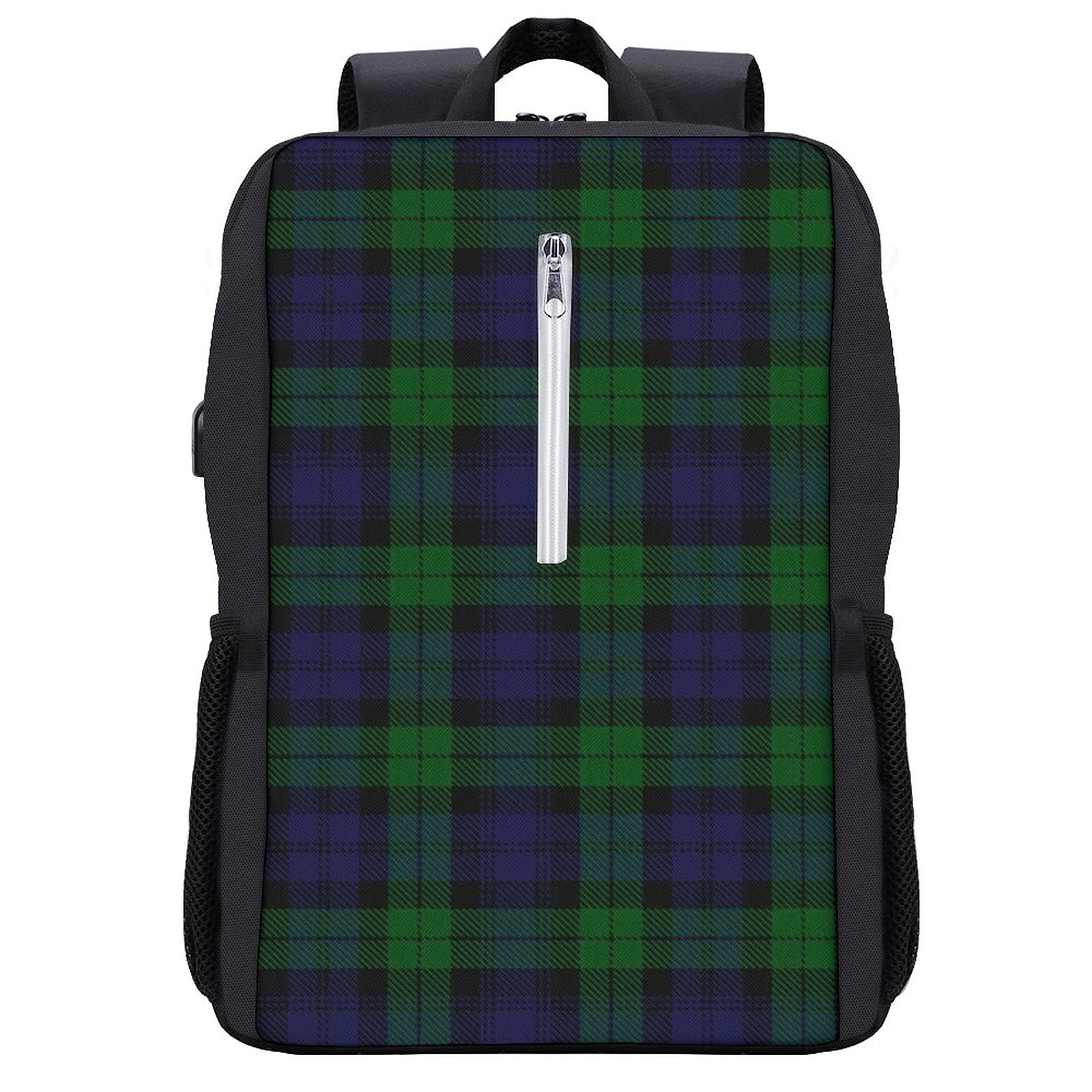 FunnyStar Black Watch Plaid Laptop Backpack with USB Charging Port - Durable Water-Resistant Travel Backpack for School, Business, Outdoor Sports & Daily Commute - One Size Fits All