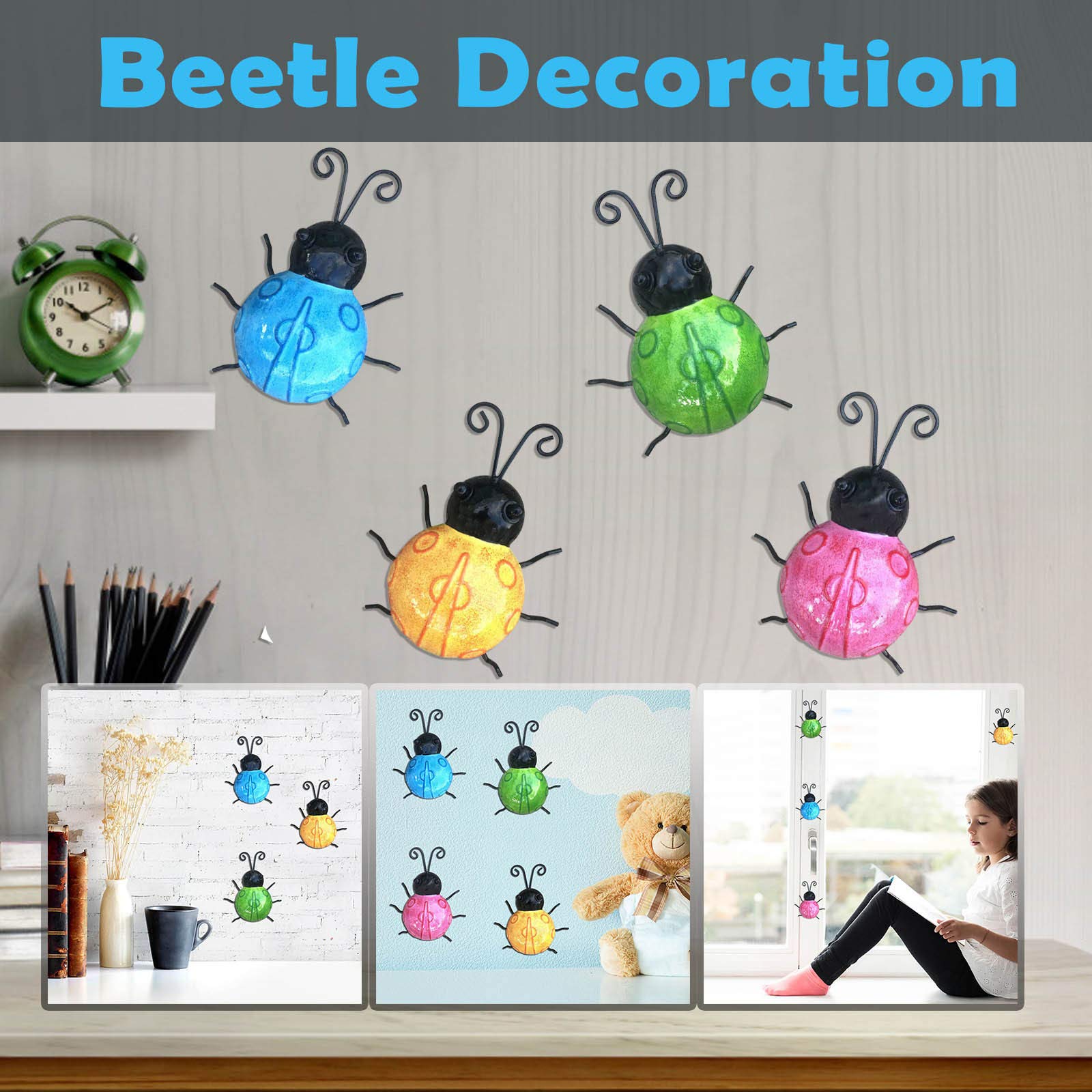 Outdoor Metal 4-Piece Animal Garden Decor Set - Colorful Beetle Sculptures for Backyard, Lawn & Patio Decorations | Unique Home & Garden Gift Idea for Nature Lovers