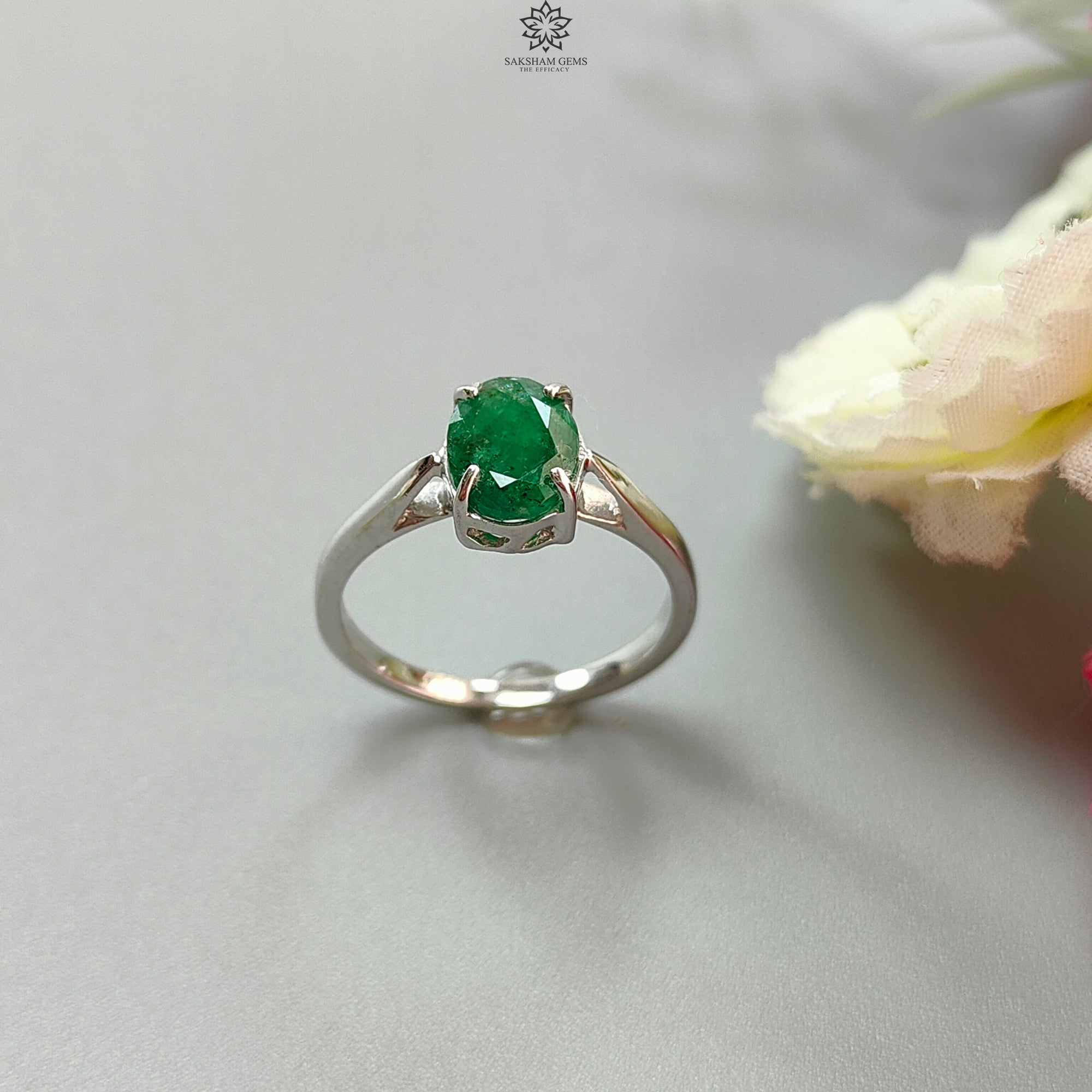 Natural Emerald Silver Ring - 2.22gms Oval Faceted Cut 925 Sterling Silver Prong Set Jewelry for Women | Perfect for Engagement, Anniversary Gifts & Everyday Elegance