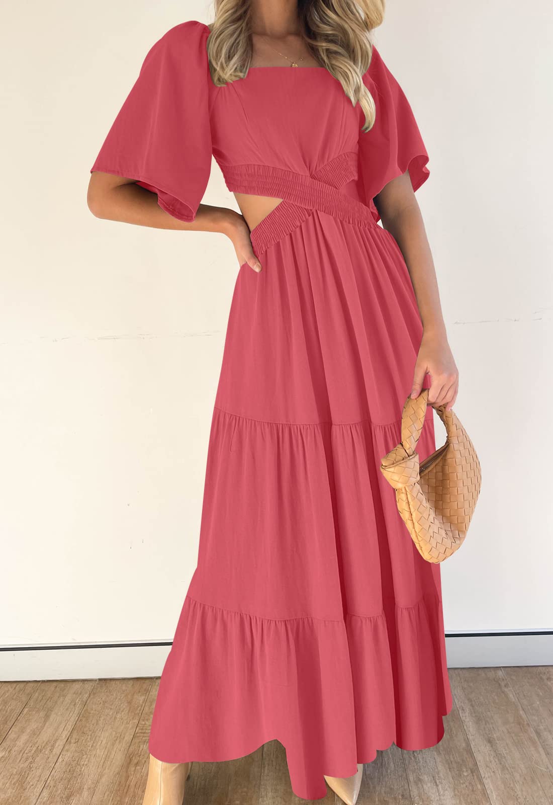 LEANI Women's 2025 Summer Cutout Maxi Dress - Square Neck Short Sleeve Crossover Waist Casual Party Dress for Beach Vacation, Wedding Guest & Date Night Outfits