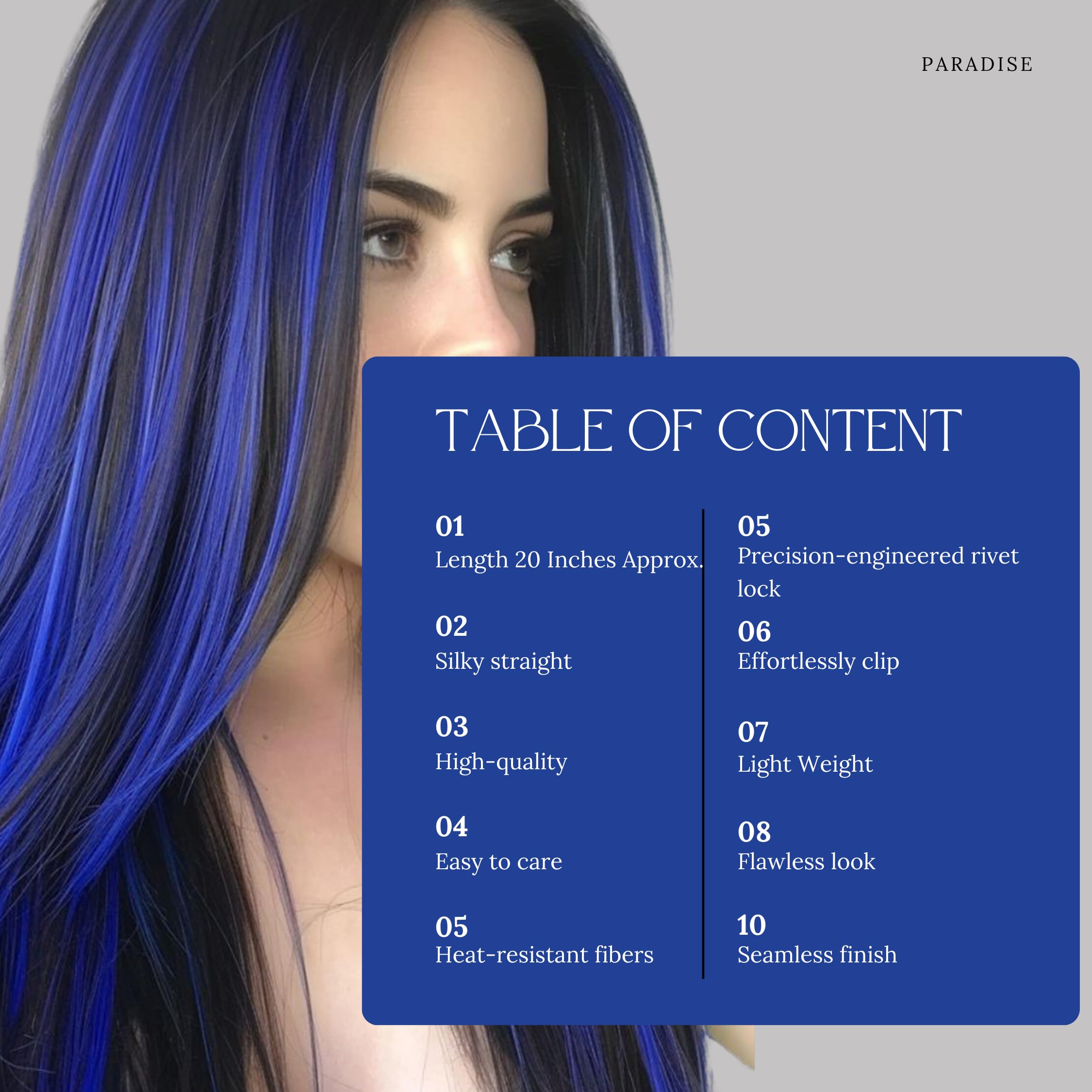 Paradise® Blue Hair Extensions 22 Inches - 4 Pack Clip-in Straight Synthetic Hair for Women & Girls - Funky Colored Hair Streaks for Parties, Cosplay & Halloween Costumes