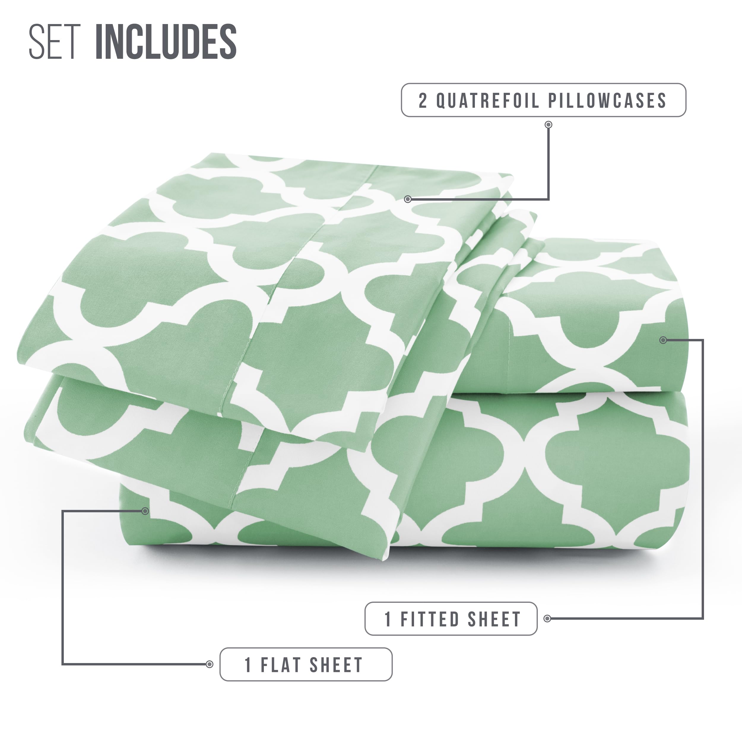 Lux Decor California King Size Bed Sheets Set - 4-Piece Cooling & Breathable Microfiber Sheet Set with Deep Pockets | Hotel Style, Soft, Wrinkle-Free & OEKO-TEX Certified Quatrefoil Design (Sage Green) - Perfect for Hot Sleepers, Guest Rooms & Luxury Bedroom Decor