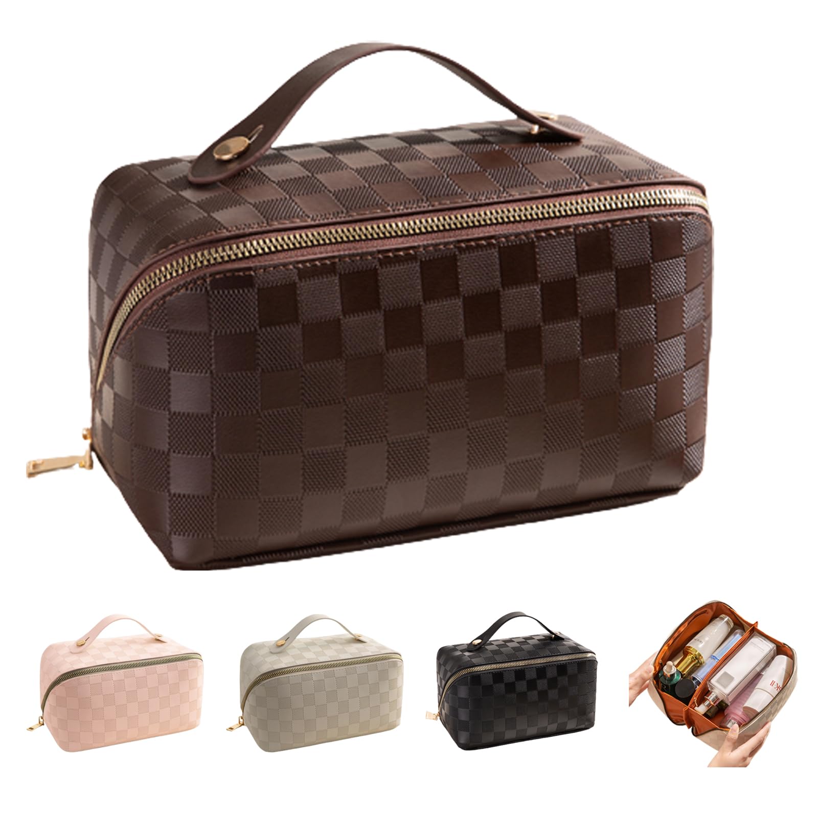Large Capacity Waterproof PU Leather Travel Cosmetic Bag for Women - Multifunctional Makeup Organizer with Handle, Plaid Checkered Design (Brown) | Perfect for Travel, Gym, and Daily Beauty Storage