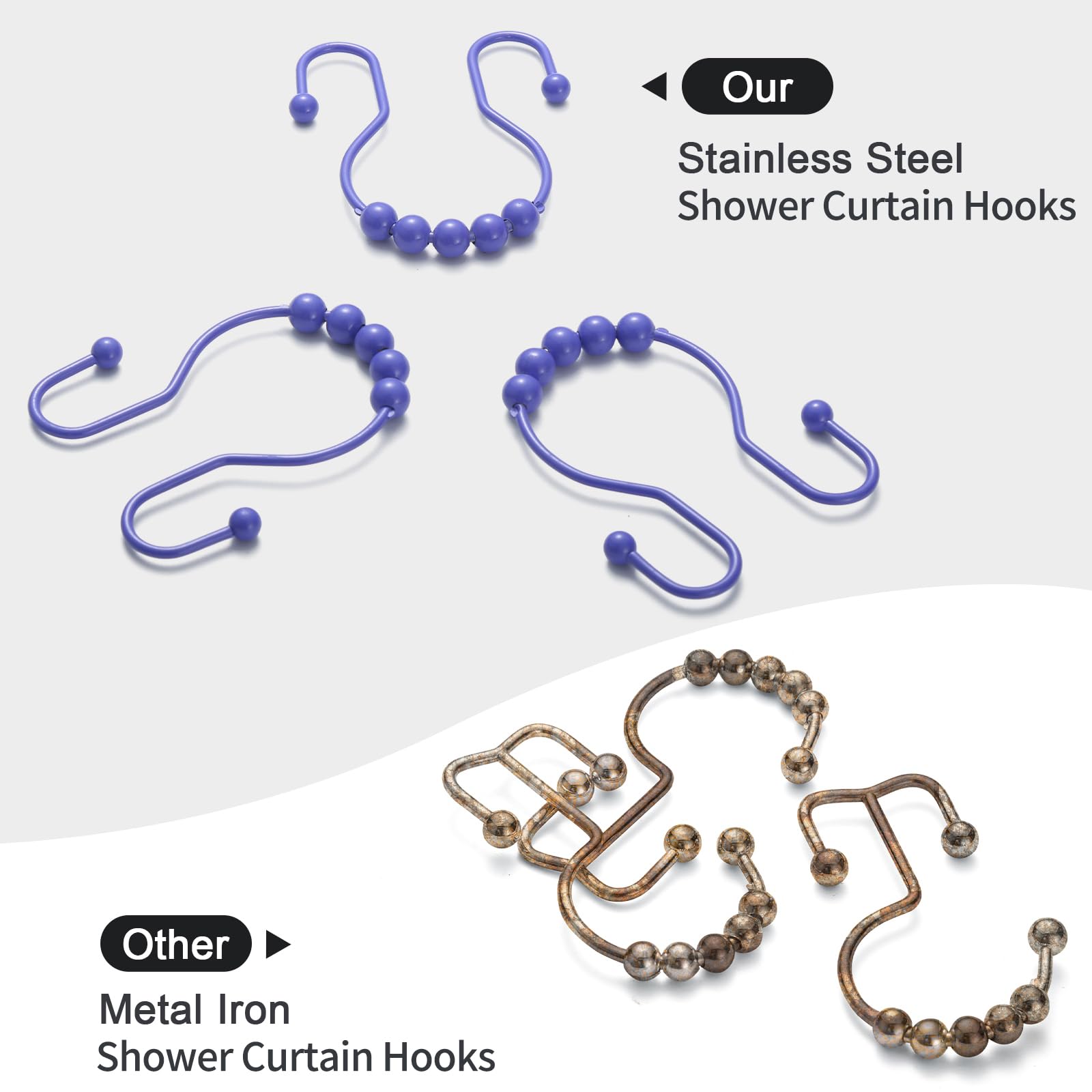 Goowin 12 Pack Stainless Steel Shower Curtain Hooks - Rust Proof Smooth Sliding Anti-Drop Double Rings for Bathroom Decor (Purple) | Perfect for Bathroom, Hotel, Dorm & Home Upgrade