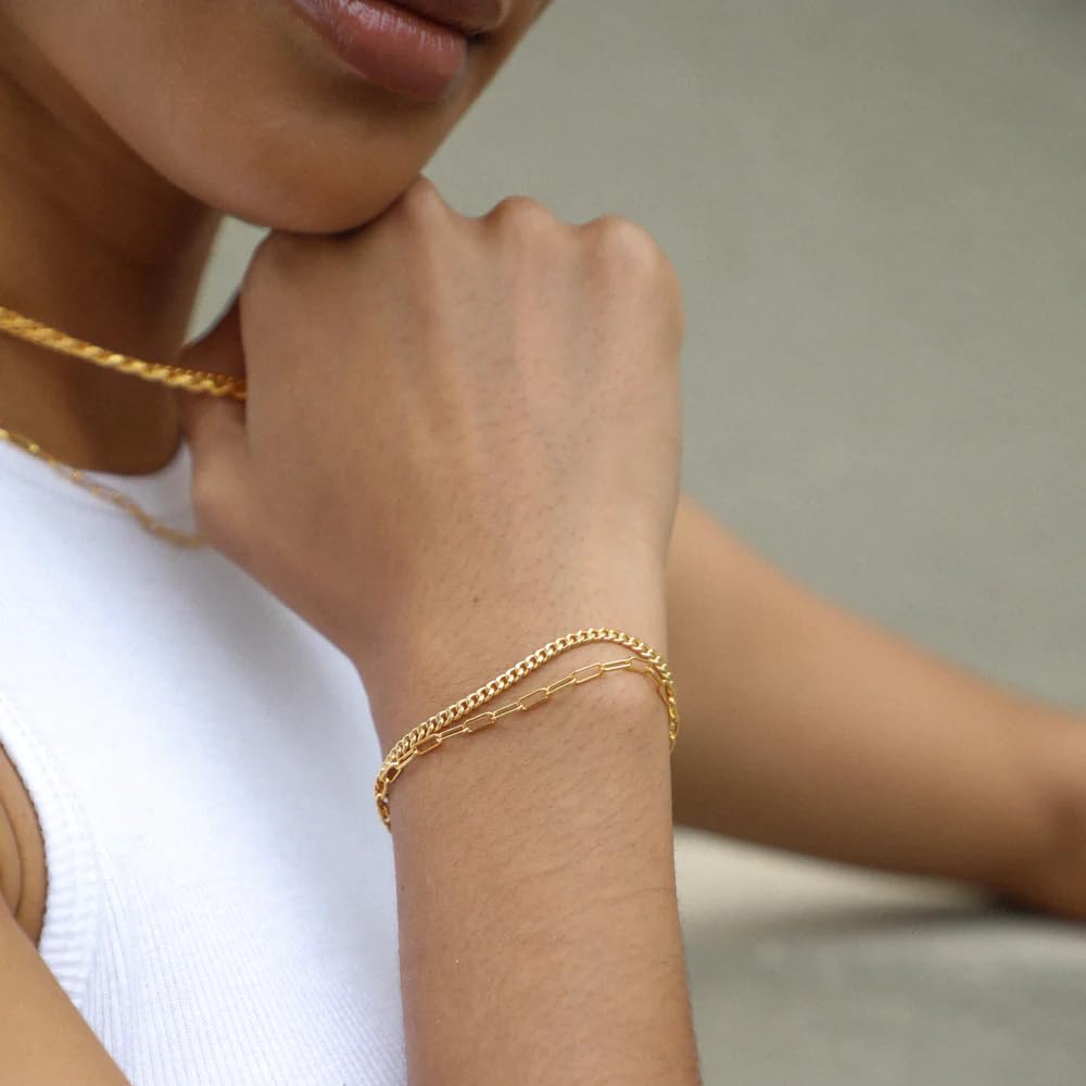 14K Gold Plated Women's Bracelet Set - Trendy Dainty Paperclip & Cuban Link Chain Cuff Bracelets, Adjustable 7
