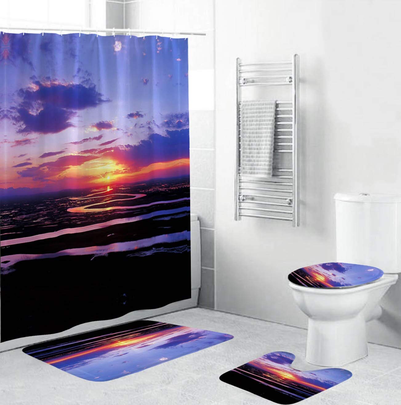 KUKUALE Sunset Bathroom Set - 4-Piece Shower Curtain, Bath Mat, Toilet Cover & Carpet (71x71 Inch) for Coastal & Bohemian Home Decor | Waterproof & Non-Slip Bath Accessories for Beach House & Vacation Rental