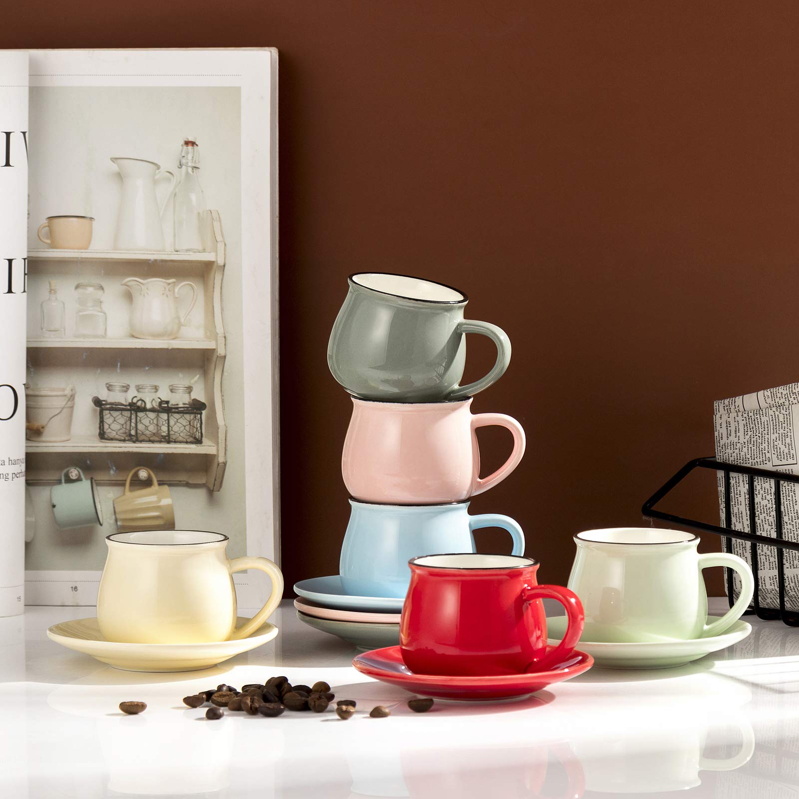 Premium 6-Piece Porcelain Espresso Cup Set with Saucers - 105ml Elegant Coffee & Tea Cups for Home, Café, and Restaurant Use