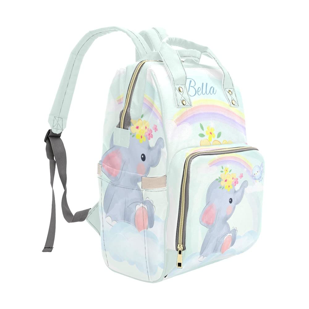 Custom Personalized Name Diaper Bag - Waterproof Nursing Tote & Mummy Backpack for Travel, Outdoor (Elephant Clouds Rainbow Design) | Perfect Baby Shower Gift & Mom Essentials for Park Outings, Shopping Trips