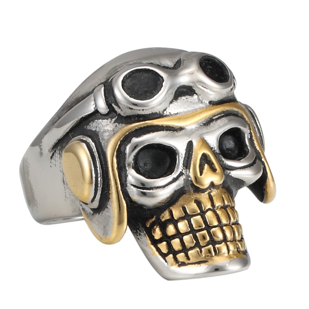 US Air Force Pilot Skull Ring - Cool Gold & Silver Biker Stainless Steel Men's Jewelry - Perfect for Motorcycle Riders, Military Enthusiasts & Edgy Fashion