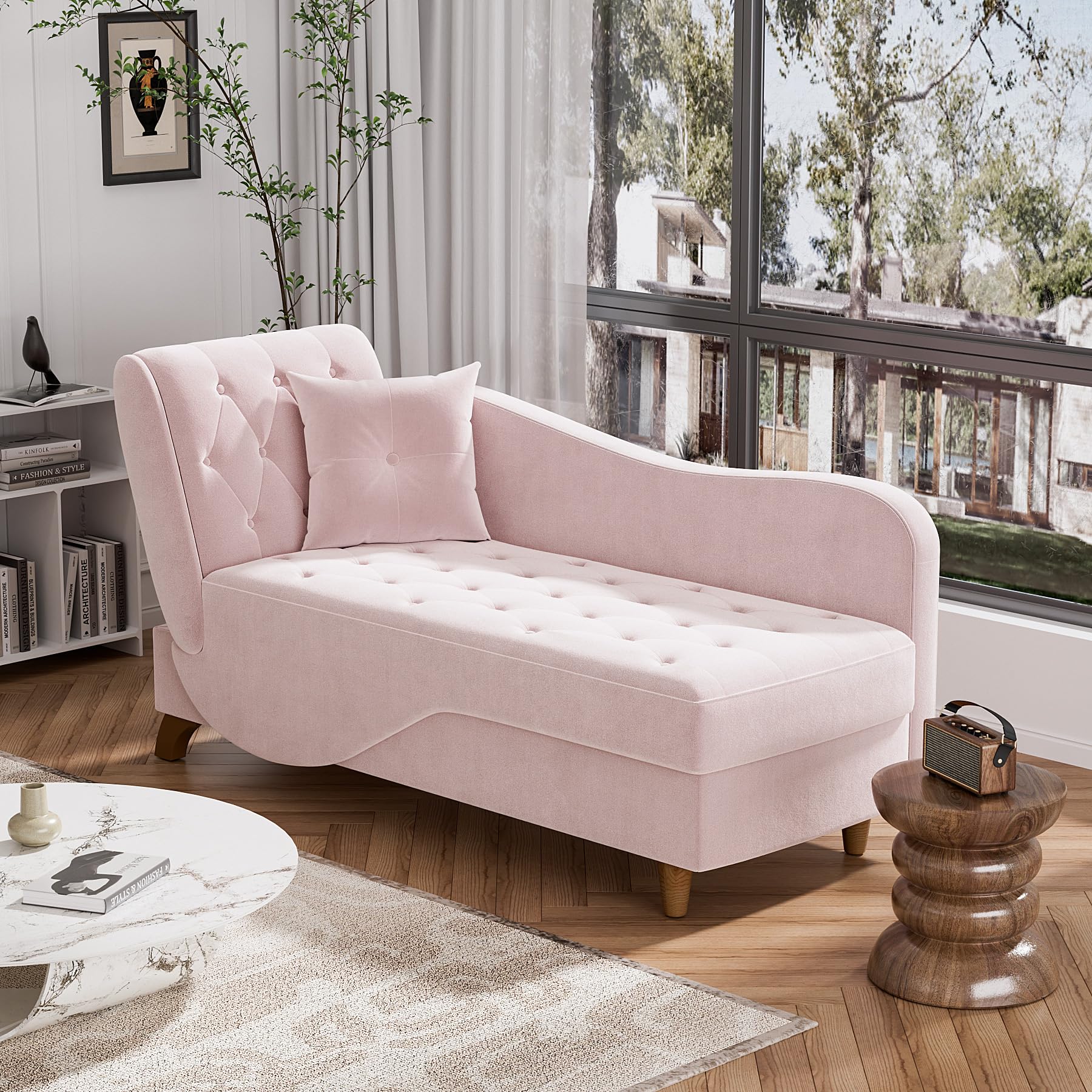 3 in 1 Velvet Chaise Lounge Chair with Storage - Adjustable Armrest Recliner, Sleeper Sofa Bed with Pillow - Pink Futon for Living Room & Bedroom - Perfect for Reading, Napping & Small Space Living