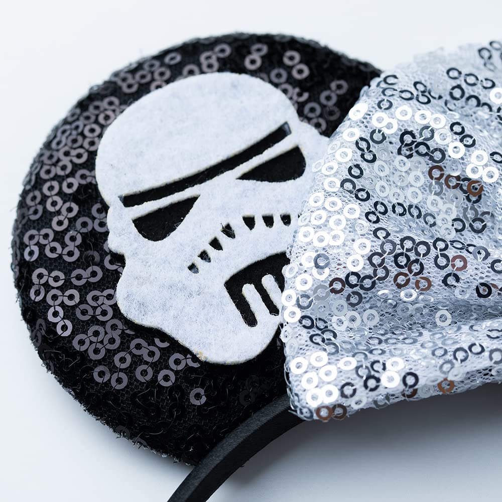 Foeran Shiny Glitter Mouse Ears Headband with Bows - Star Wars Princess Party Costume Accessories for Women & Girls (White) - Perfect for Cosplay, Disney Trips, and Themed Birthday Parties