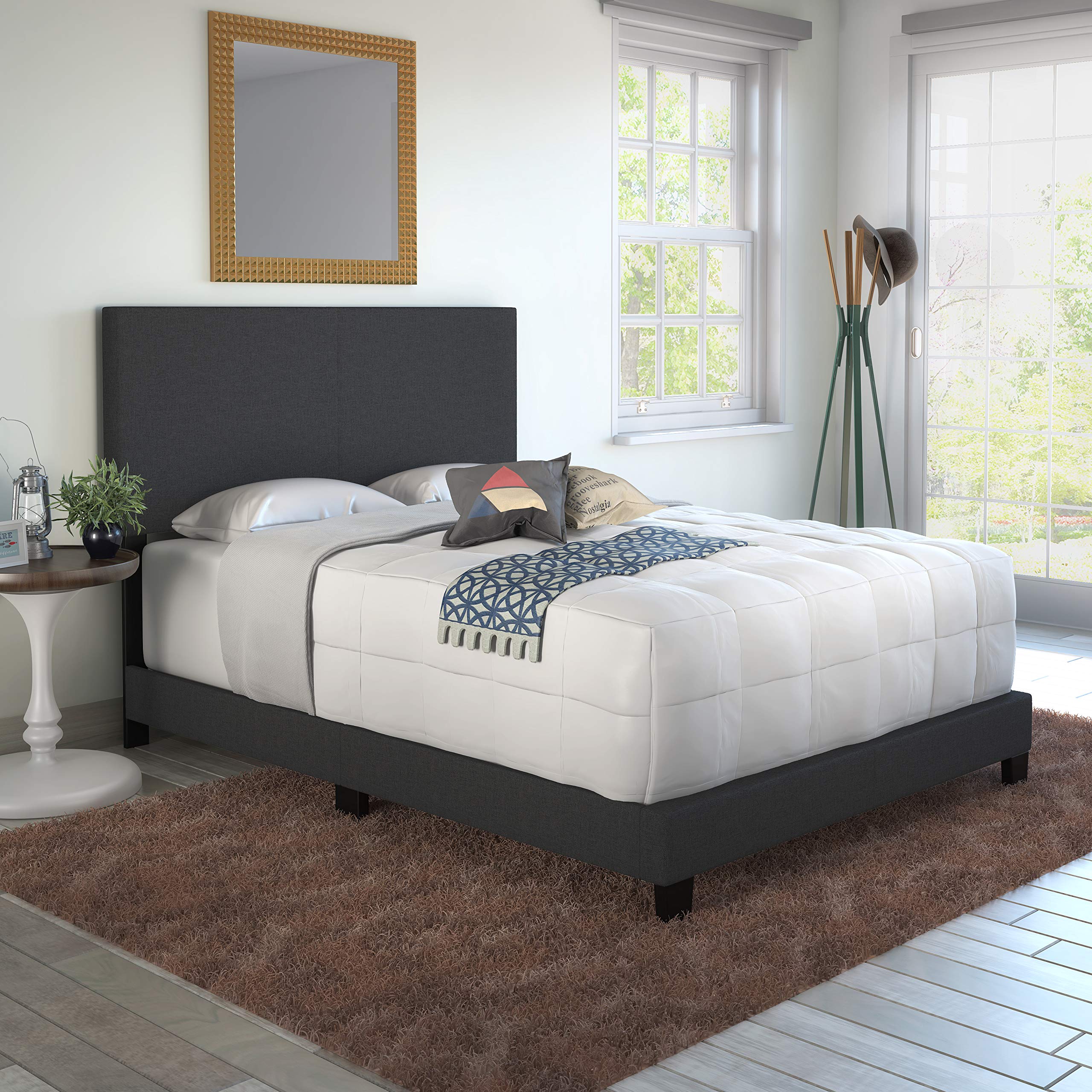 Boyd Sleep Milan Linen Fabric Upholstered Platform Bed Frame with Adjustable Headboard - Silent Wood Slat Support, No Box Spring Needed, Easy Assembly - Queen Size Black Bed for Master Bedroom or Guest Room
