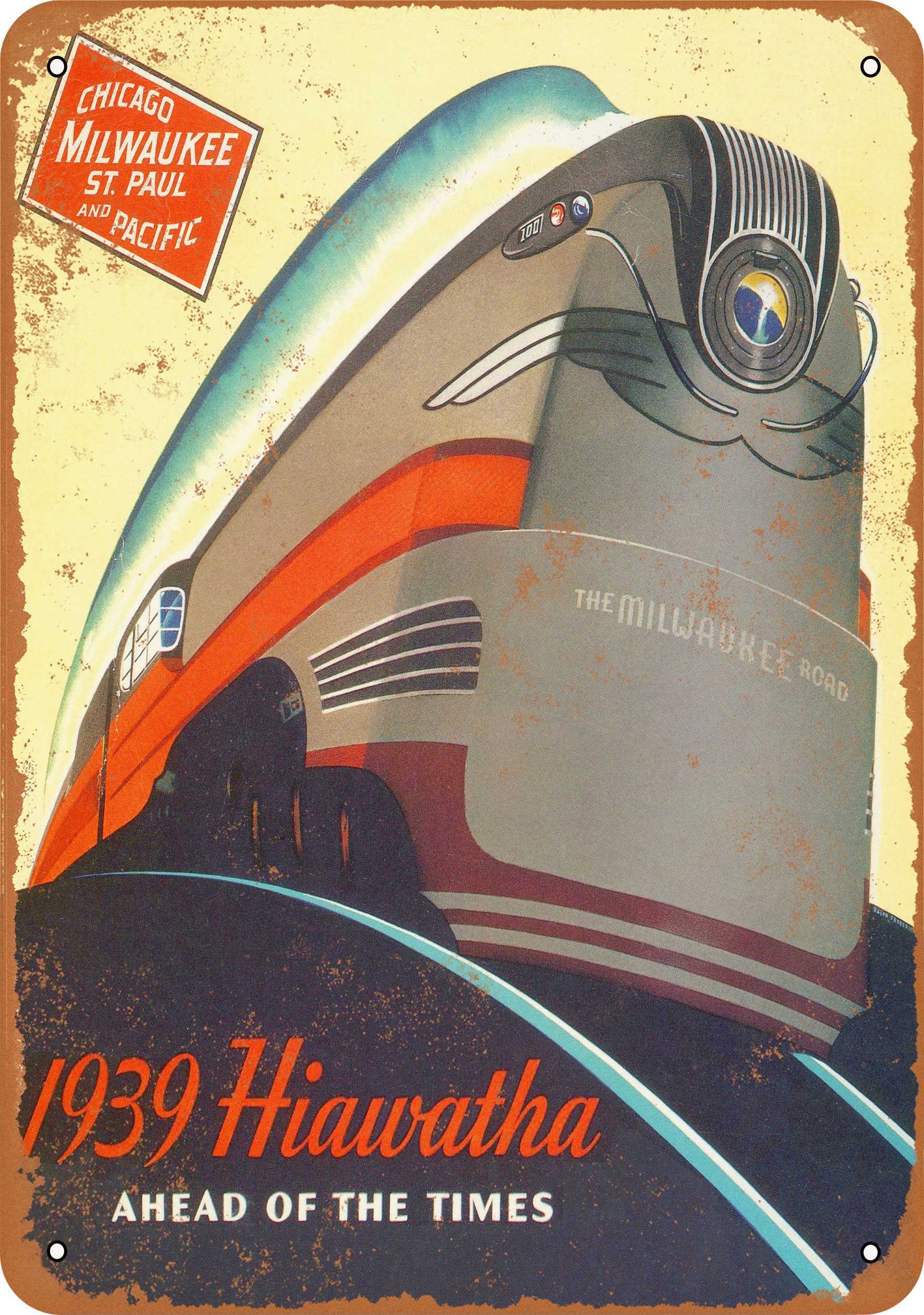 9 x 12 Vintage Metal Wall Sign - 1939 Hiawatha Milwaukee Road Retro Train Decor - Perfect for Man Cave, Garage, or Home Office Decor