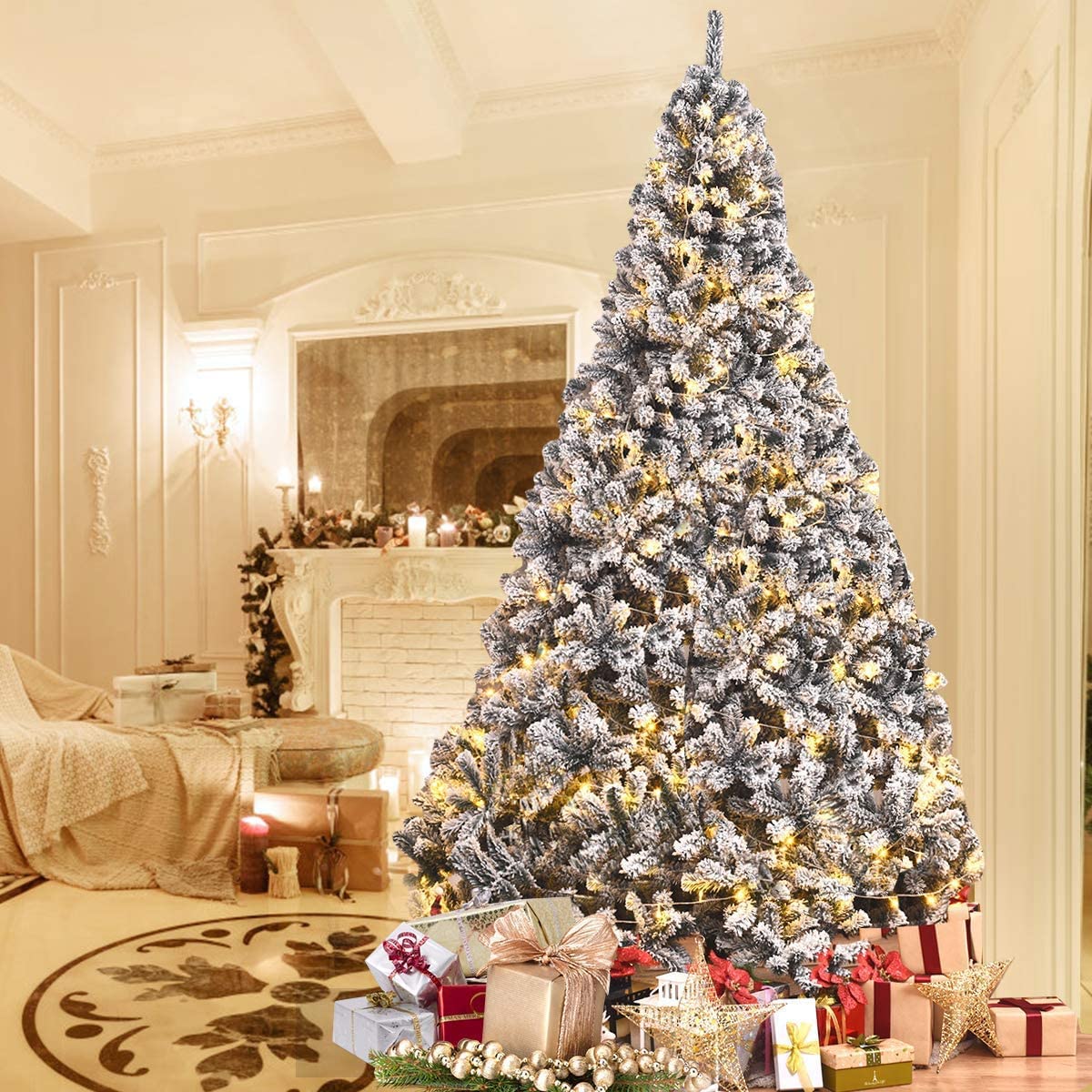 Premium 9FT Flocked Snow Artificial Christmas Tree with PVC Pine Needles & Sturdy Metal Stand - Indoor & Outdoor Holiday Decor for Home, Office, Party