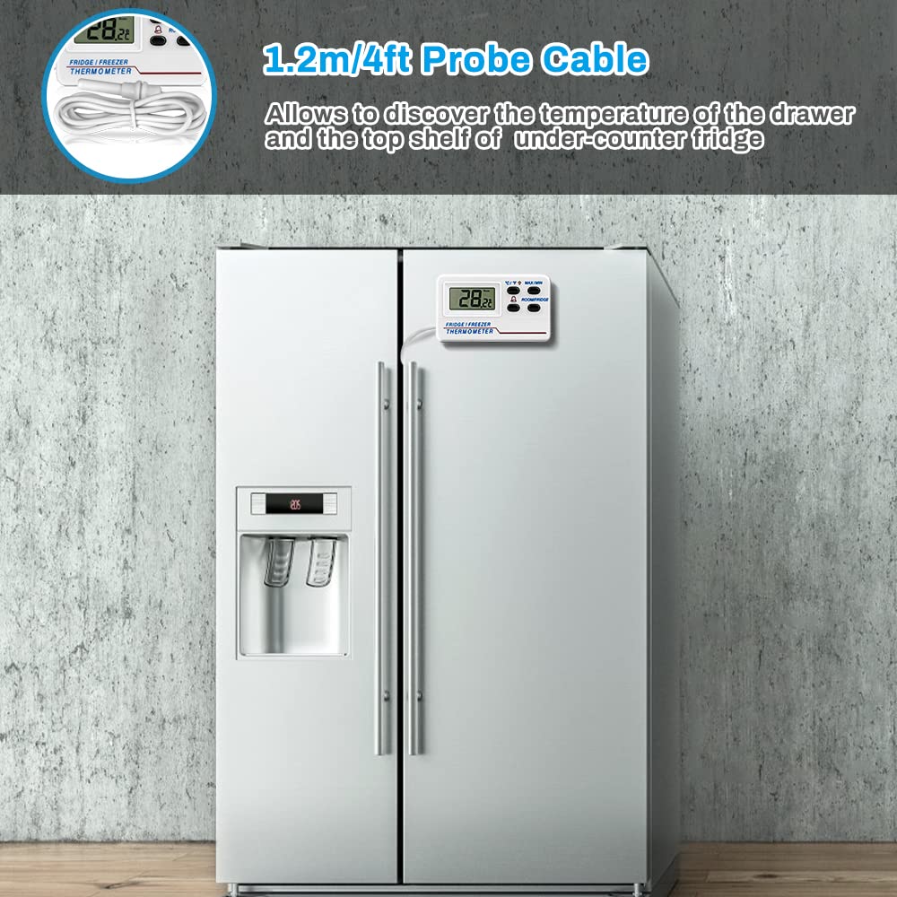 Welltop Digital Fridge Freezer Thermometer with Probe - Wireless Refrigerator Temperature Monitor with Max/Min Memory Alarm - Perfect for Home Kitchen, Bars, Cafes & Food Storage Safety