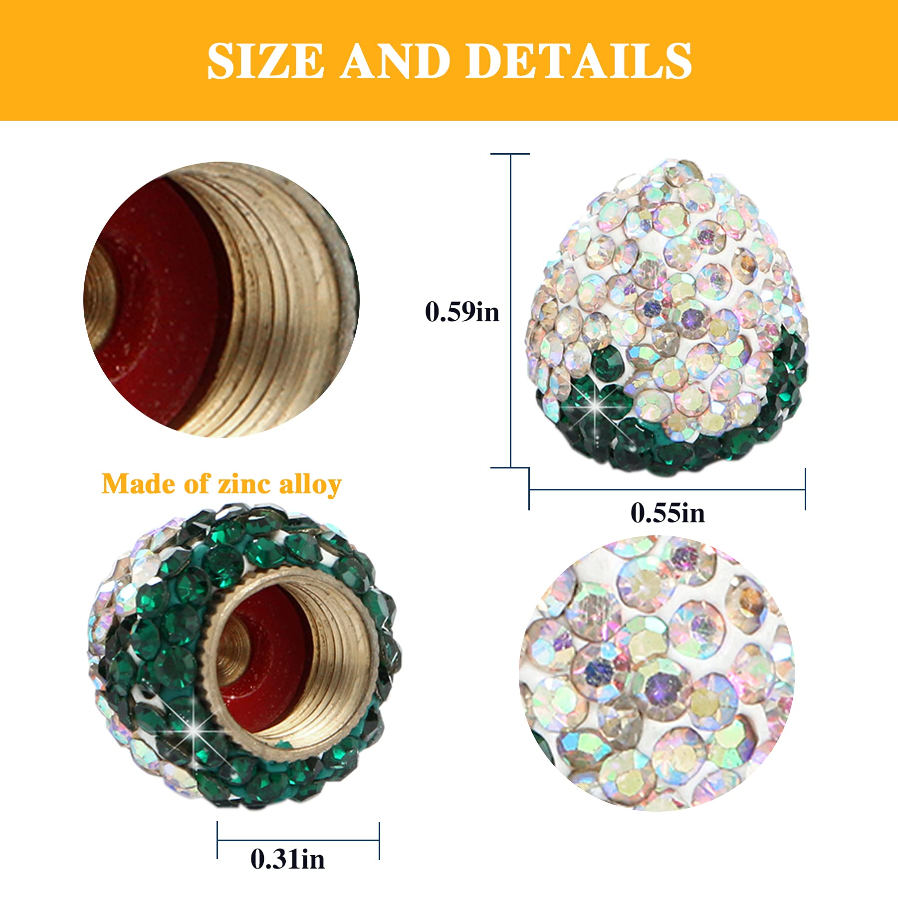 JUSTTOP 4-Pack Crystal Rhinestone Strawberry Car Tire Valve Stem Caps - Handmade Bling Dustproof Air Valve Covers for Most Vehicles - AB Color - Perfect for Car Detailing, Gifts & Customization