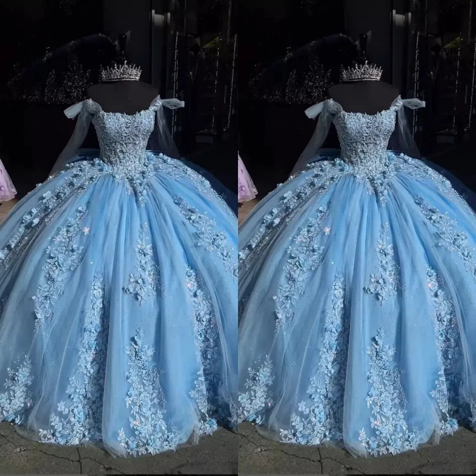 Light Blue Lace Quinceanera Dress with 3D Flowers - Sweet 16 Ball Gown for Teen Girls - Perfect for Quinceañeras, Prom, Homecoming & Special Occasions