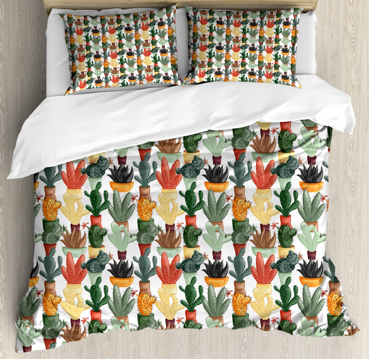 Ambesonne Cactus Duvet Cover Set - King Size 2-Pack with 2 Duvet Covers & 4 Pillowcases | Mexican Succulent Botanical Print in Green & Brown | Perfect for Boho Bedroom Decor, Plant Lover Gift, or Southwest Home Styling