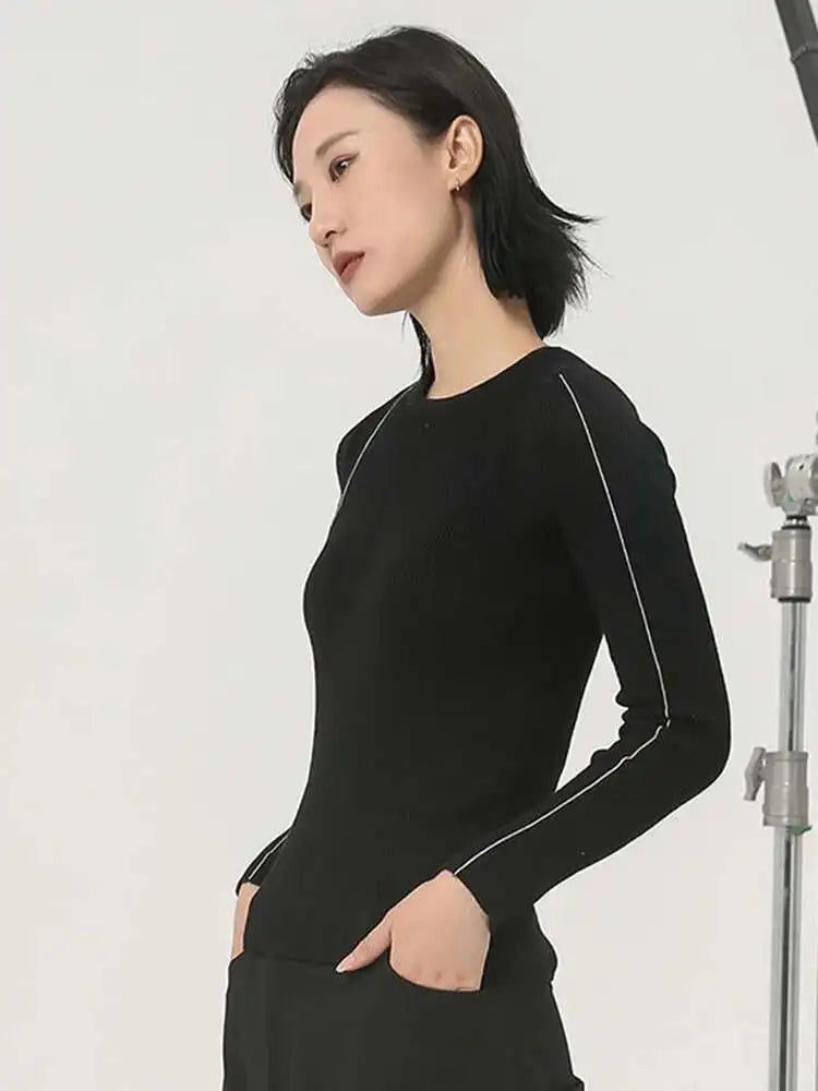 Black Slim Knit Sweater for Women - Round Neck Long Sleeve Pullover | Fashion Block Design for Spring & Autumn 2025 (Style 1DH2083) | Perfect for Office Wear, Casual Outings & Date Nights