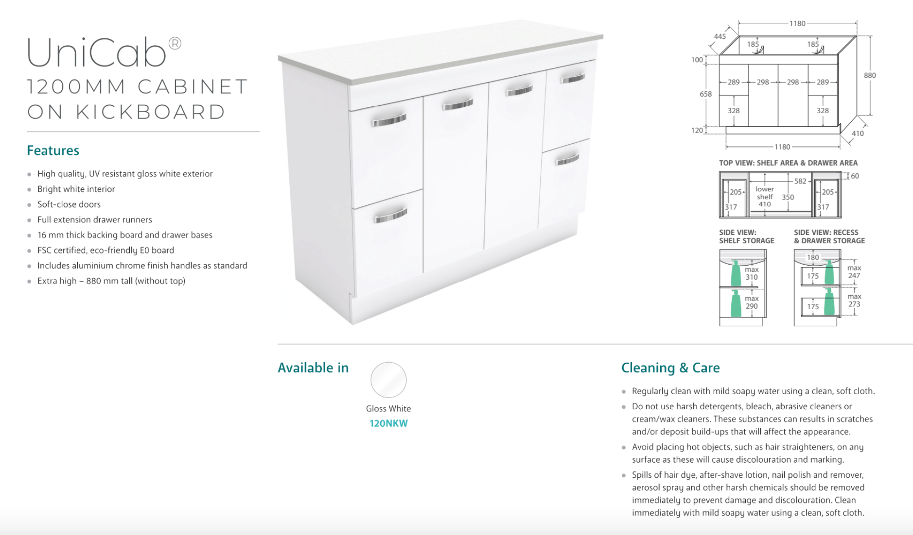 Fienza CIT120NKW Citi 1200mm Modern Bathroom Sink & Vanity Set with Kickboard - Perfect for Small Bathrooms, Powder Rooms, and Guest Baths