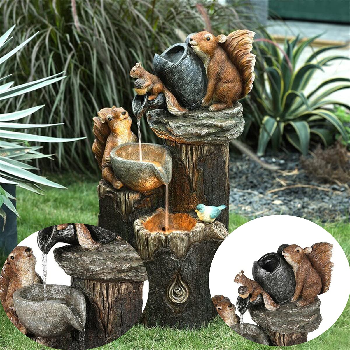 Solar Powered Resin Duck & Squirrel Garden Fountain Statue - Outdoor Patio Decor with Water Feature | Perfect for Backyard, Lawn & Garden Decoration