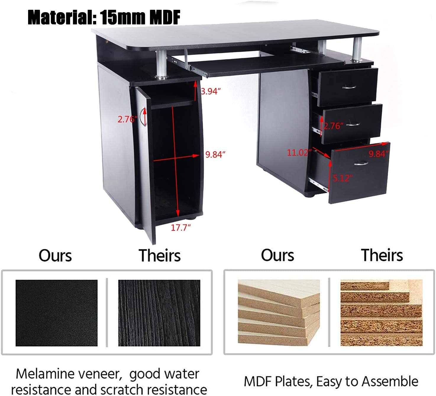 Modern Black Wooden Computer Desk with Door, 3 Drawers & Keyboard Tray - Home Office Workstation, Writing Desk for Small Spaces (45.27