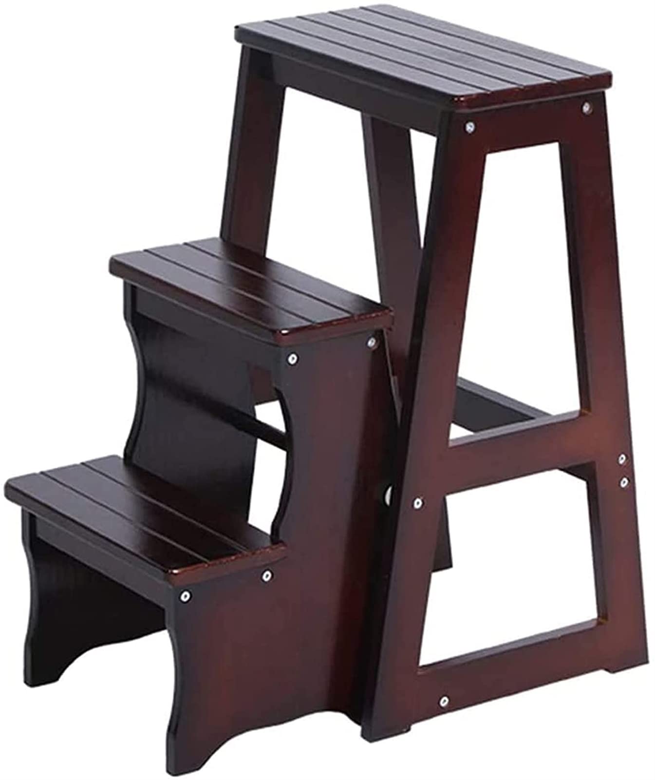 3-Tier Folding Wood Step Stool for Adults - 300 lb Capacity Foldable Ladder for High Beds, Standing Shelf Units & Home Use - Brown   Perfect for bedroom access, closet organization, garage storage, and kitchen reaching tasks.