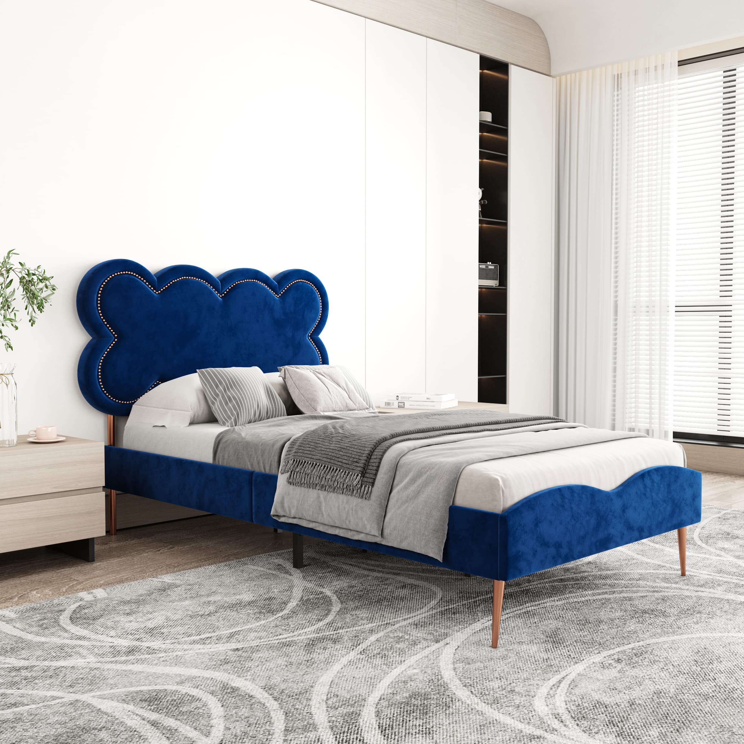 AGARTT Twin Size Upholstered Platform Bed Frame with Headboard - Dark Blue, No Box Spring Needed, Easy Assembly, Mattress Foundation - Perfect for Kids' Rooms, Guest Bedrooms & Small Spaces