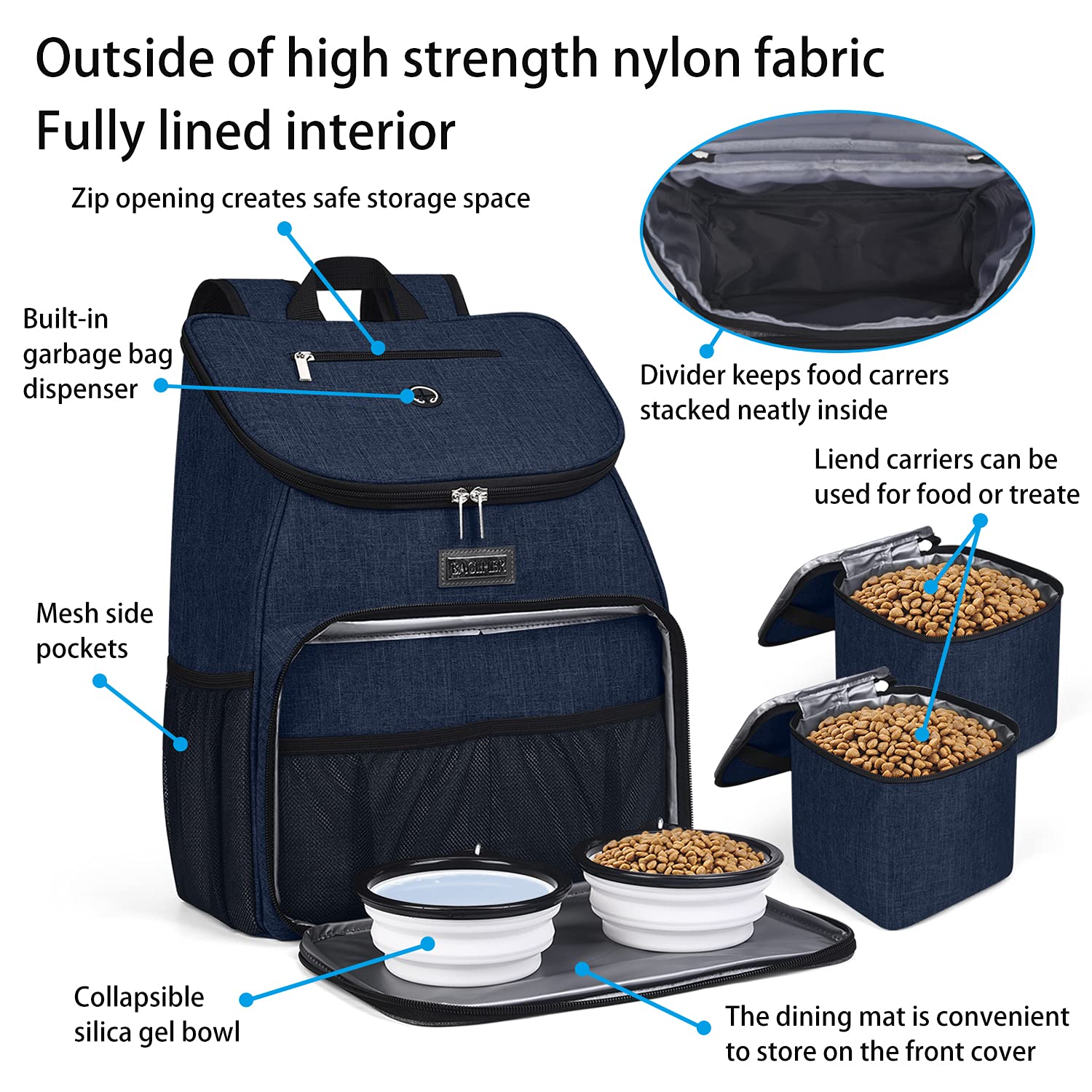 BAGLHER Airline Approved Dog Travel Backpack - Pet Carrier with 2 Collapsible Bowls & Food Containers for Small to Medium Dogs - Perfect for Air Travel, Hiking & Outdoor Adventures
