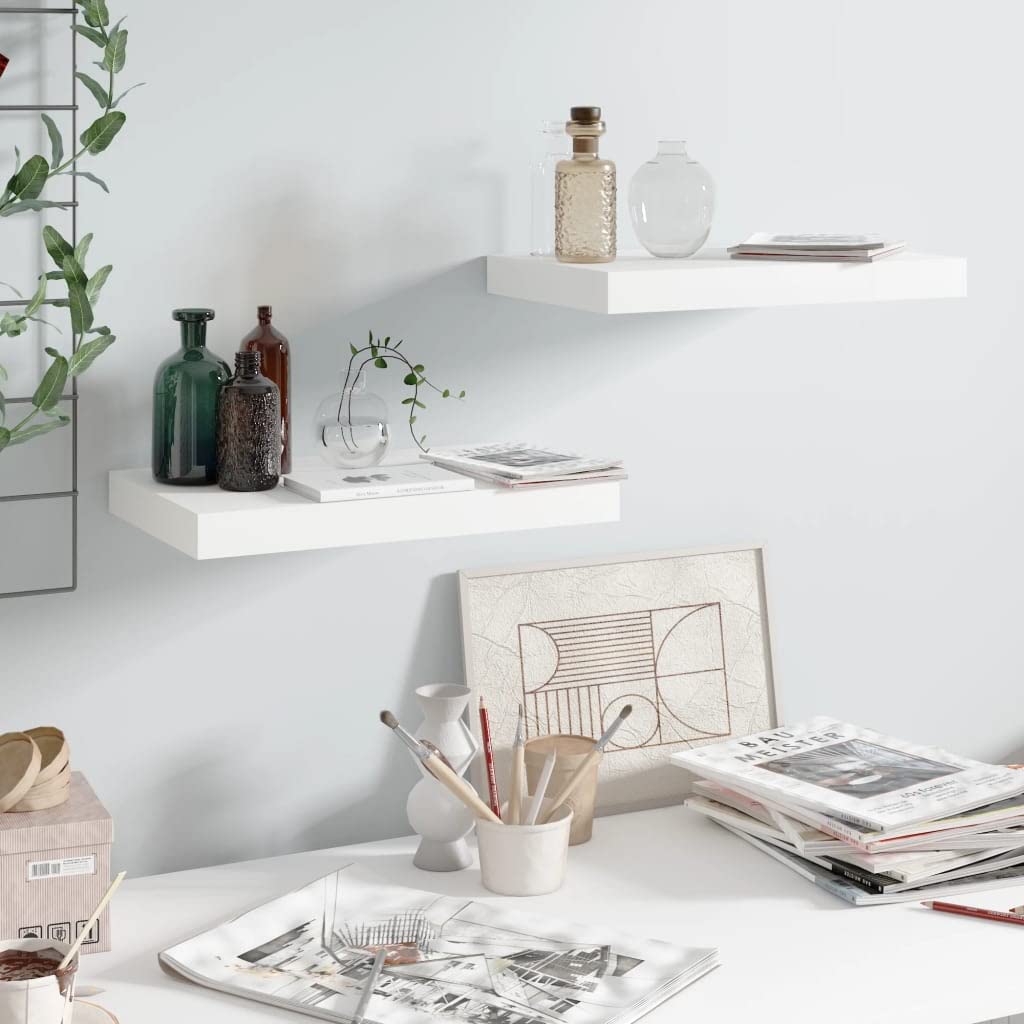 CHARMMA Floating Wall Shelves Set of 2 - High Gloss White MDF Shelves (15.7