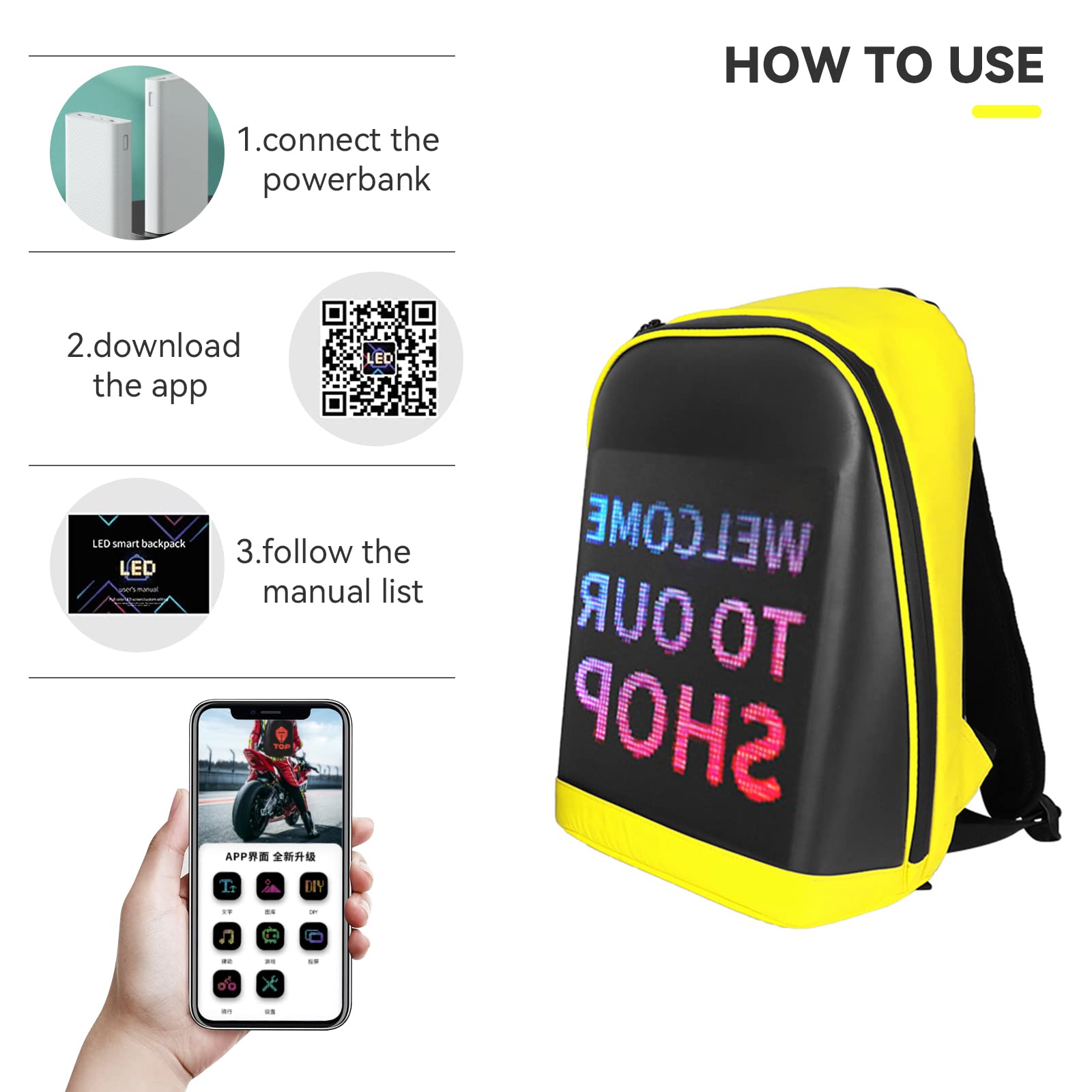 Smart LED Laptop Backpack for Men & Women - USB Charging Waterproof Travel Backpack with Reflective Strip - Perfect for Cycling, Commuting, Work & School (Yellow)