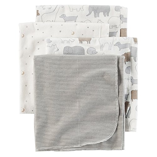 Carters 4-Pack Soft Baby Receiving Blankets with Adorable Animal & Star Patterns - Gray | Perfect for Newborn Swaddling, Nursery Essentials & Gift Giving