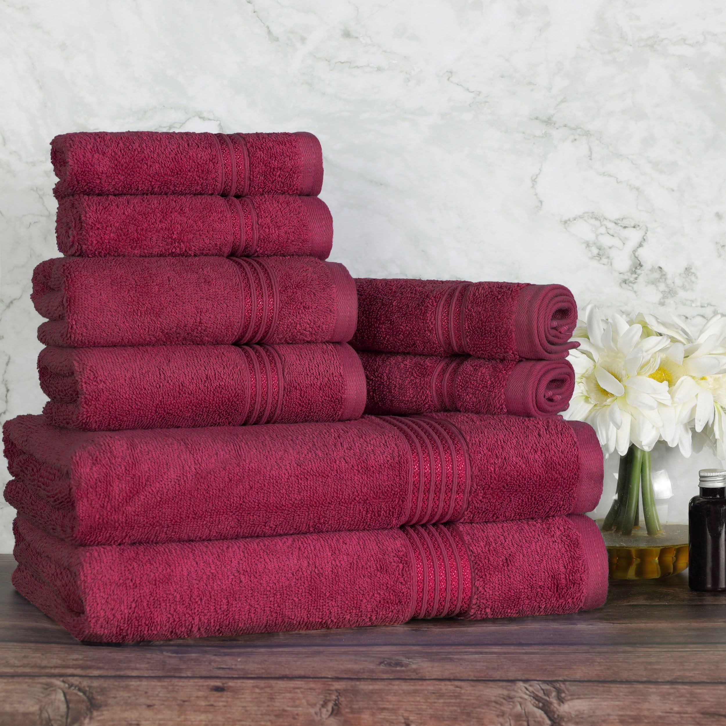 Premium BNM Egyptian Cotton 8-Piece Towel Set - Ultra Soft & Absorbent Bath, Hand & Face Towels for Luxury Bathroom, Master Suite & Guest Bath Decor - Includes 2 Bath Towels, 2 Hand Towels & 4 Washcloths - Quick Dry, Hypoallergenic (Burgundy) - Perfect for Spa Days, Hotel-Style Bathrooms & Upscale Home Decor
