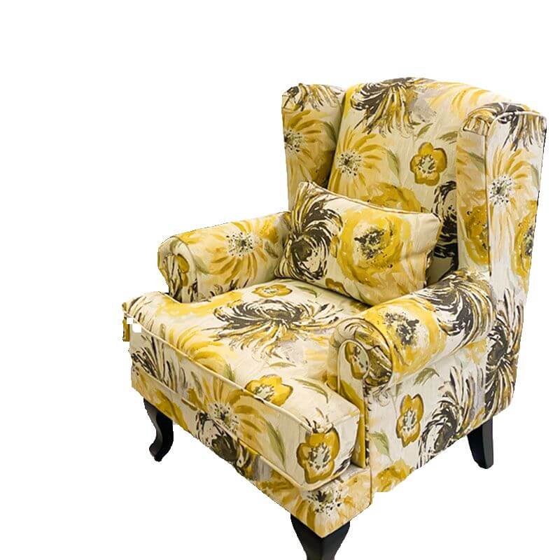 Tropical Yellow Blue Floral Toile Pattern Foam Accent Chair with Fixed Back, Arms and Pillow - Perfect for Living Room, Bedroom or Office Decor