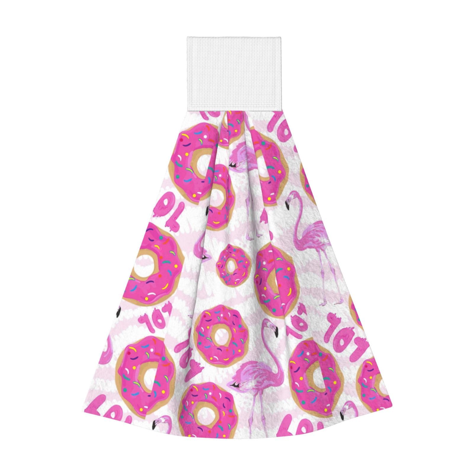 Flamingo & Donuts Hanging Kitchen Towel Set - Soft Coral Velvet Hand Towels with Loops for Bathroom, Kitchen & Dish Wiping | Cute Home Decor & Practical Cleaning Cloth for Daily Use