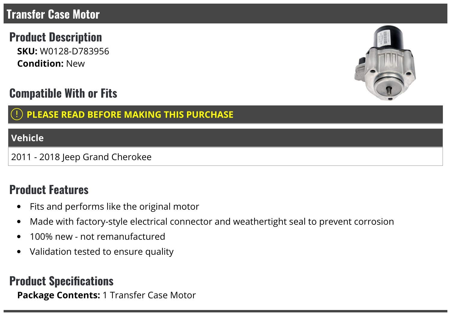 Transfer Case Motor for 2011-2018 Jeep Grand Cherokee - 4WD Shift Actuator Replacement Part - Perfect for Off-Roading, Towing & Winter Driving Conditions
