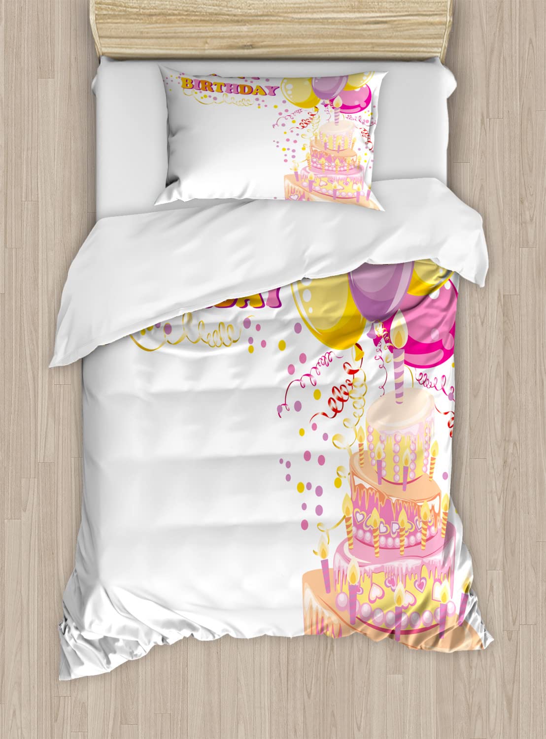 Ambesonne Birthday Party Duvet Cover Set - Queen Size 2 Pack with 2 Duvet Covers & 4 Pillowcases, Celebration Theme with Cake, Candles, Balloons & Hearts Print in Orange & Pink - Perfect for Girls' Birthday Parties, Sleepovers & Themed Bedroom Decor