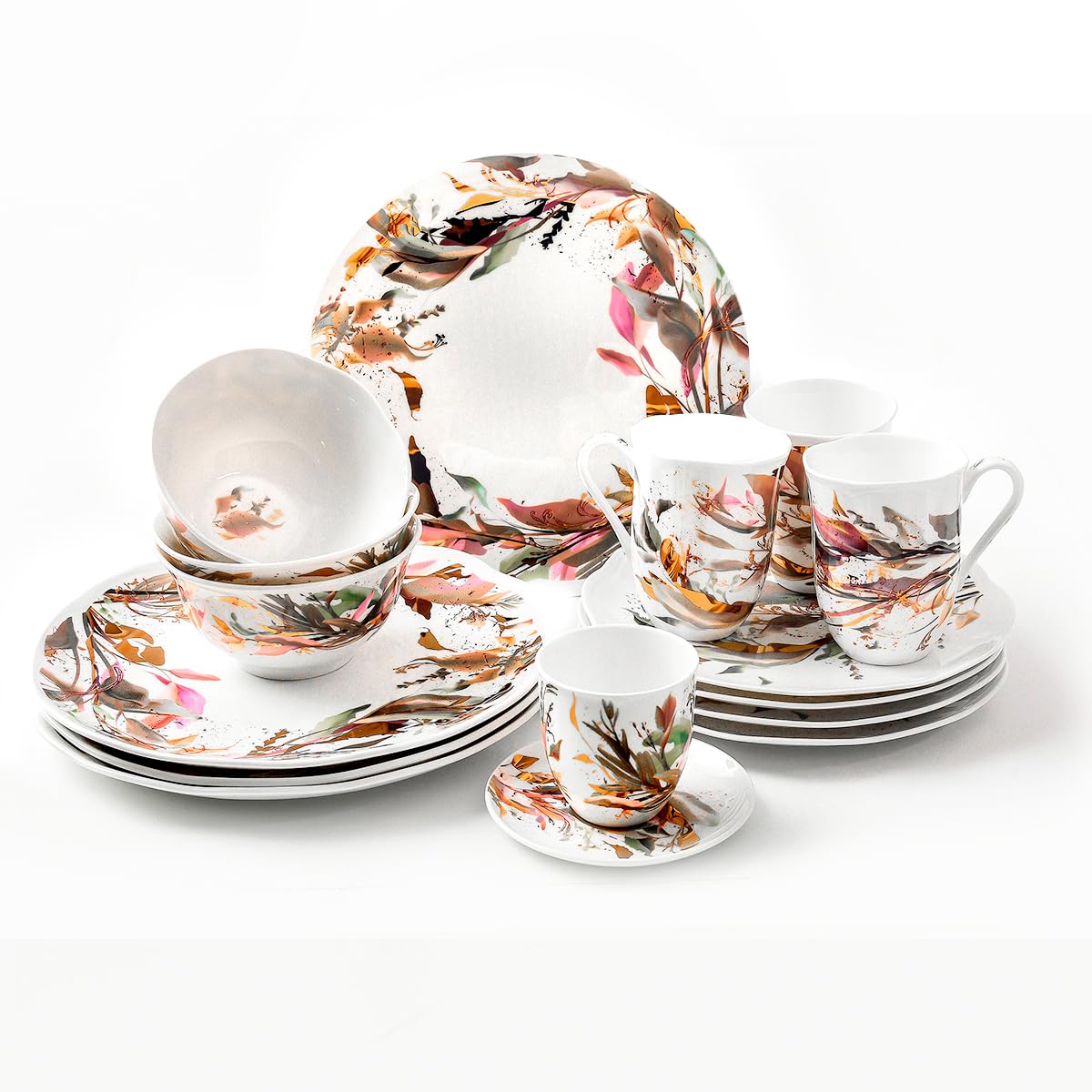 Elegant Pink & Gold 16-Piece Ceramic Dinnerware Set for 4 - Includes Dinner Plates, Salad Plates, Dessert Plates & Cereal Bowls - Microwave Safe Bone China - Perfect for Family Meals, Dinner Parties & Everyday Use by KOKEN