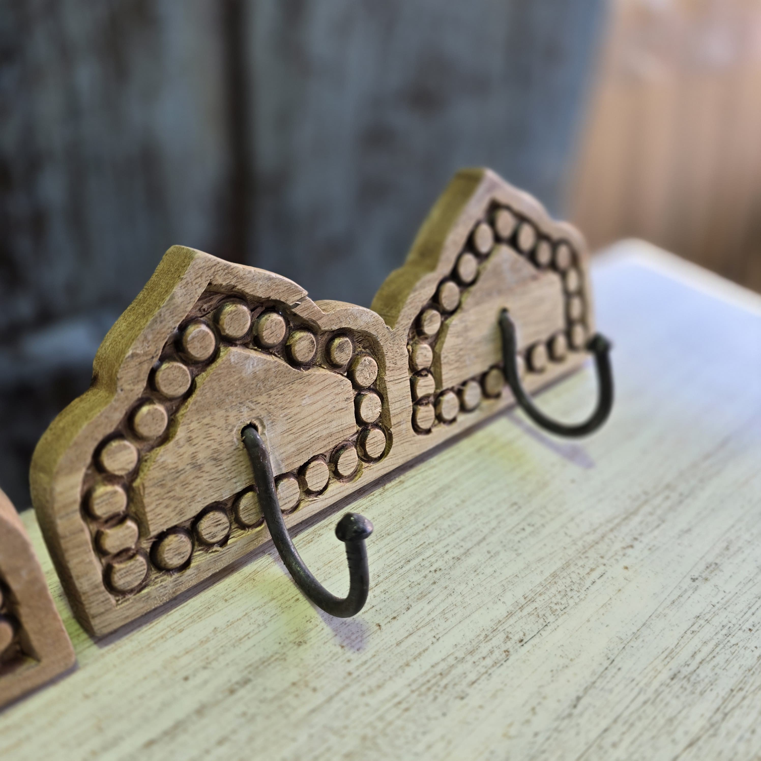 Handmade Carved Solid Wood Wall Hooks - Set of 2 Natural Wooden Coat Hangers for Entryway, Bedroom & Bathroom Organization - Rustic Indian Home Decor