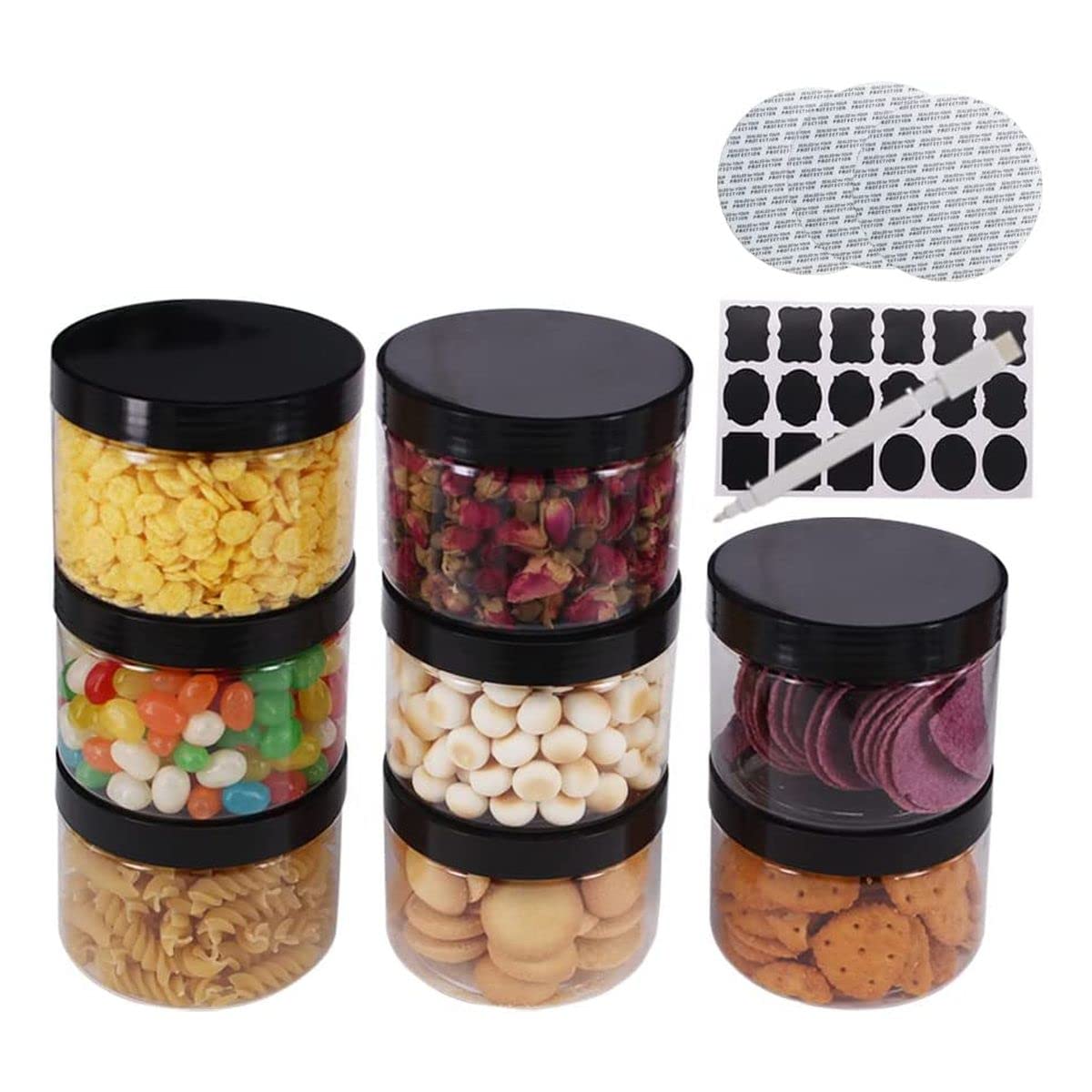 8 Pack 8 Oz Round Clear Plastic Jars with Black Lids - BPA Free PET Containers for Cosmetics, Creams, Bath & Body Products, Kitchen Storage, Travel Organizers - Includes Spatula, Pen & Labels - Perfect for DIY Crafts, Homemade Gifts & Small Item Organization