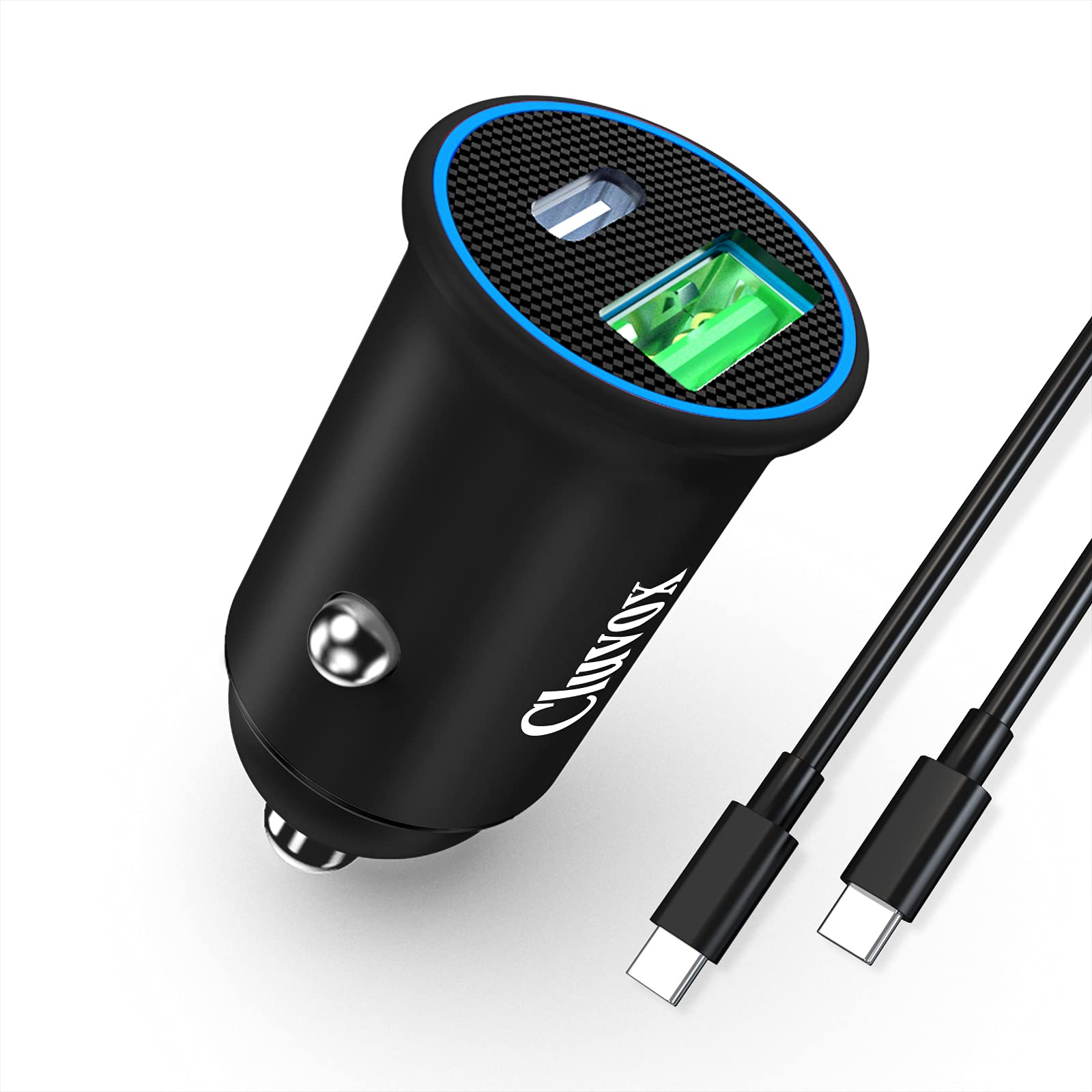 Cluvox 25W USB C Fast Car Charger with PD&QC 3.0 - Dual Port Car Adapter for Samsung Galaxy S22/S21/S20/Note 20/10 Series - All Metal Flush Fit Design with 3.3ft Type C Cable - Perfect for Road Trips & Daily Commute