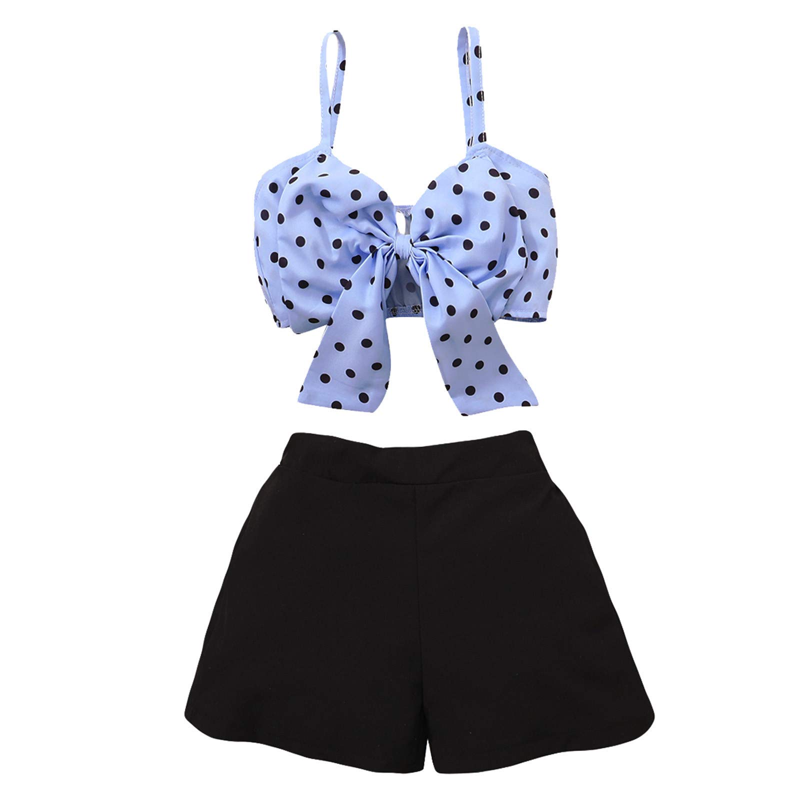Printed Girls Suspender Shorts & Bowknot Dot Top Outfits Set - Cute Toddler Baby Clothes (Blue, 12-18 Months) | Perfect for Playdates, Parties & Photo Shoots